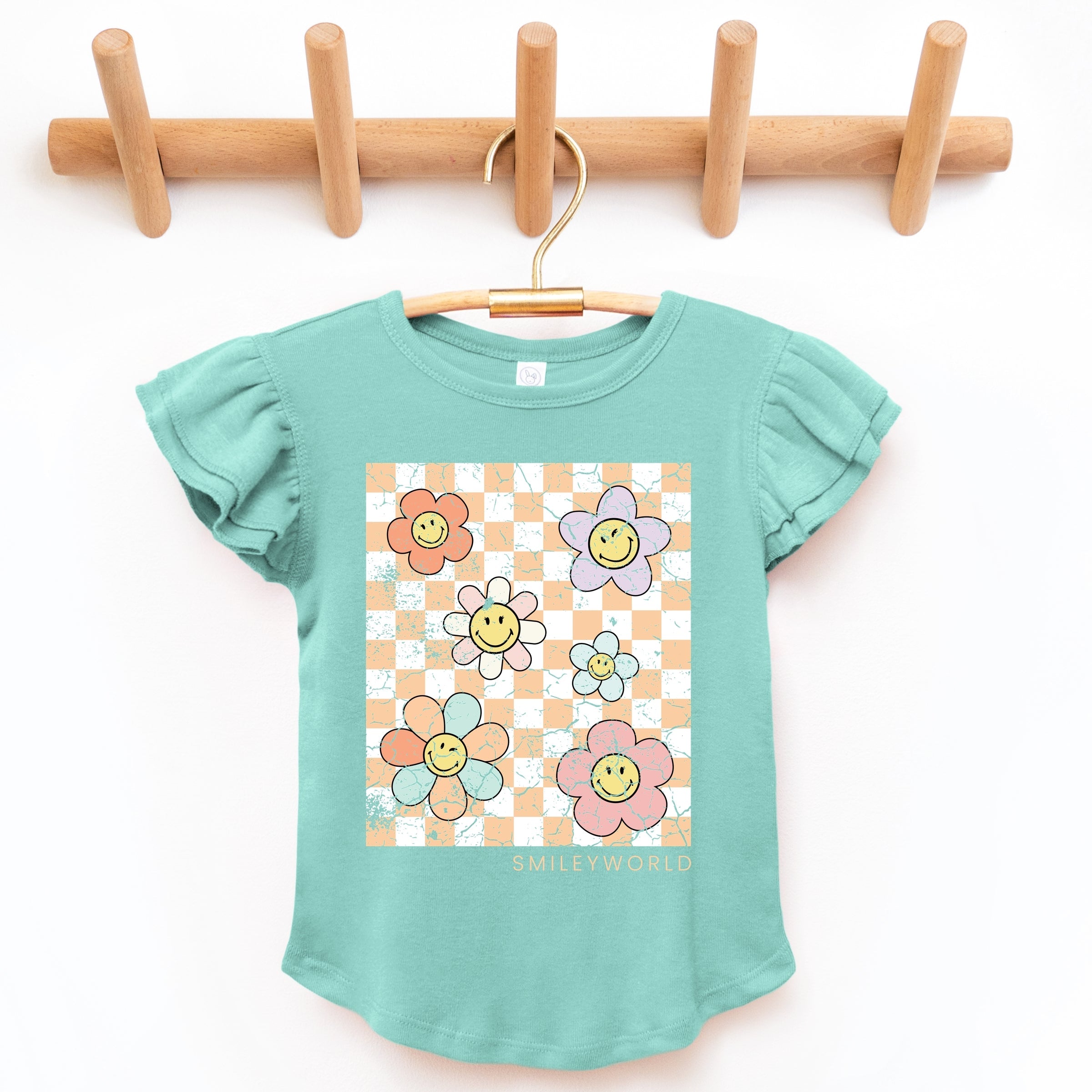 SmileyWorld Checkered Floral Distressed - Flutter Sleeve Graphic T-Shirt