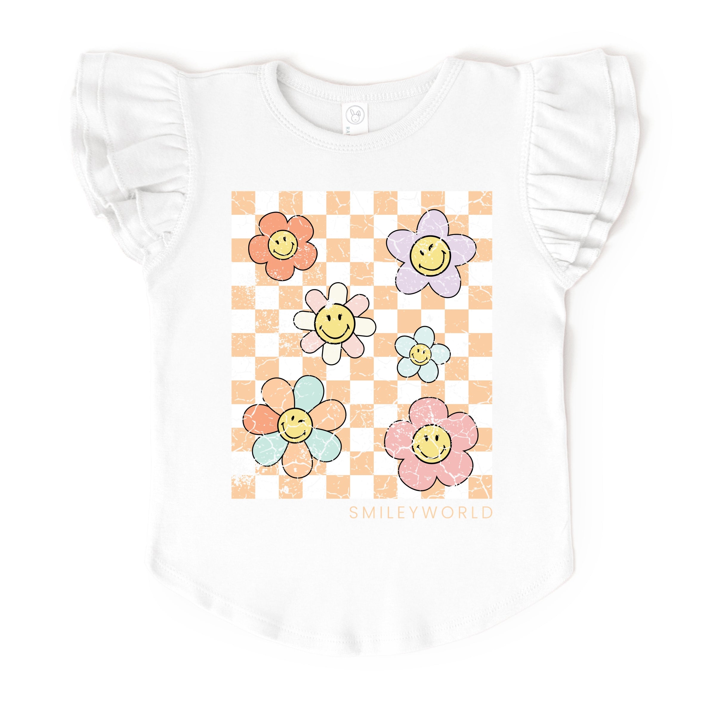 SmileyWorld Checkered Floral Distressed - Flutter Sleeve Graphic T-Shirt