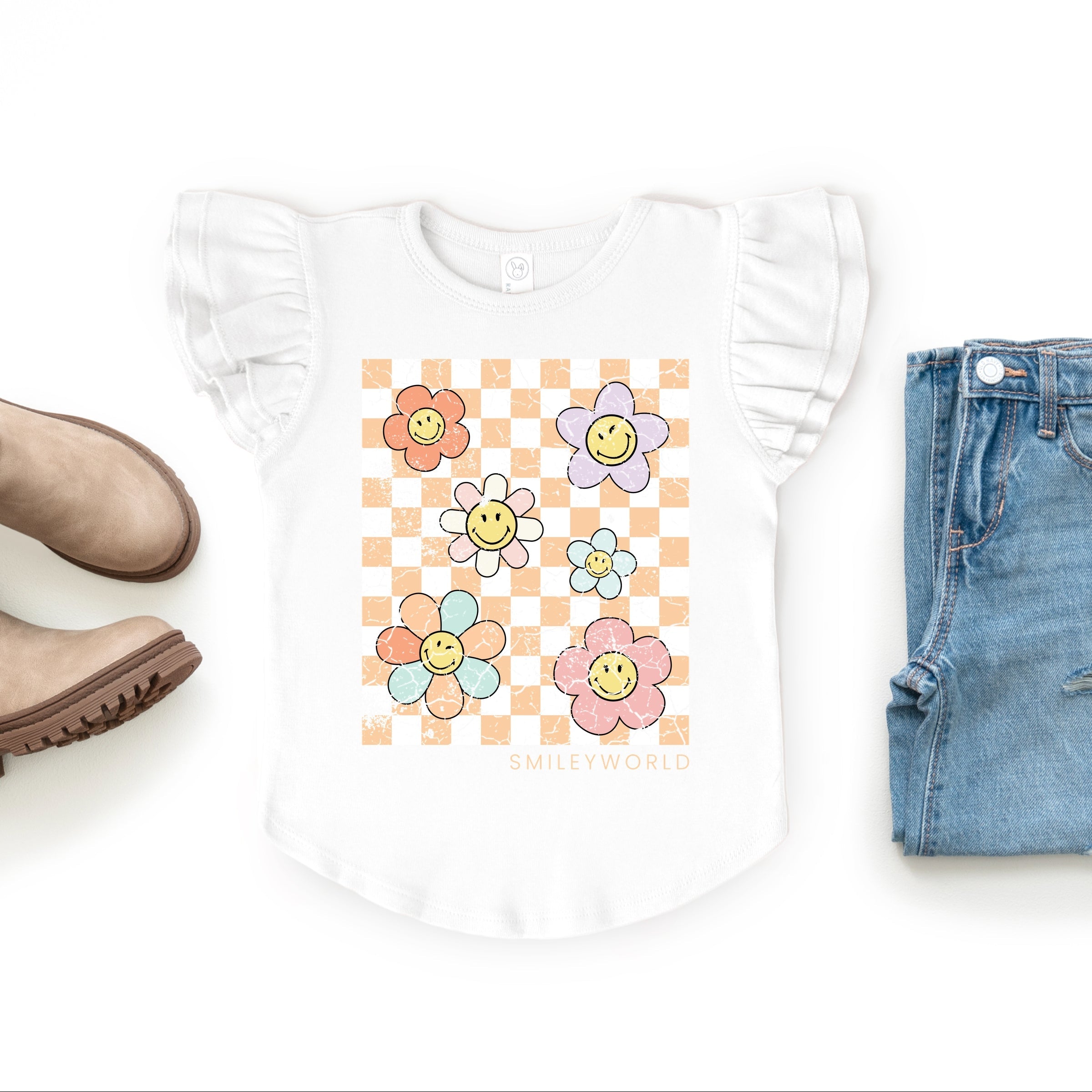 SmileyWorld Checkered Floral Distressed - Flutter Sleeve Graphic T-Shirt