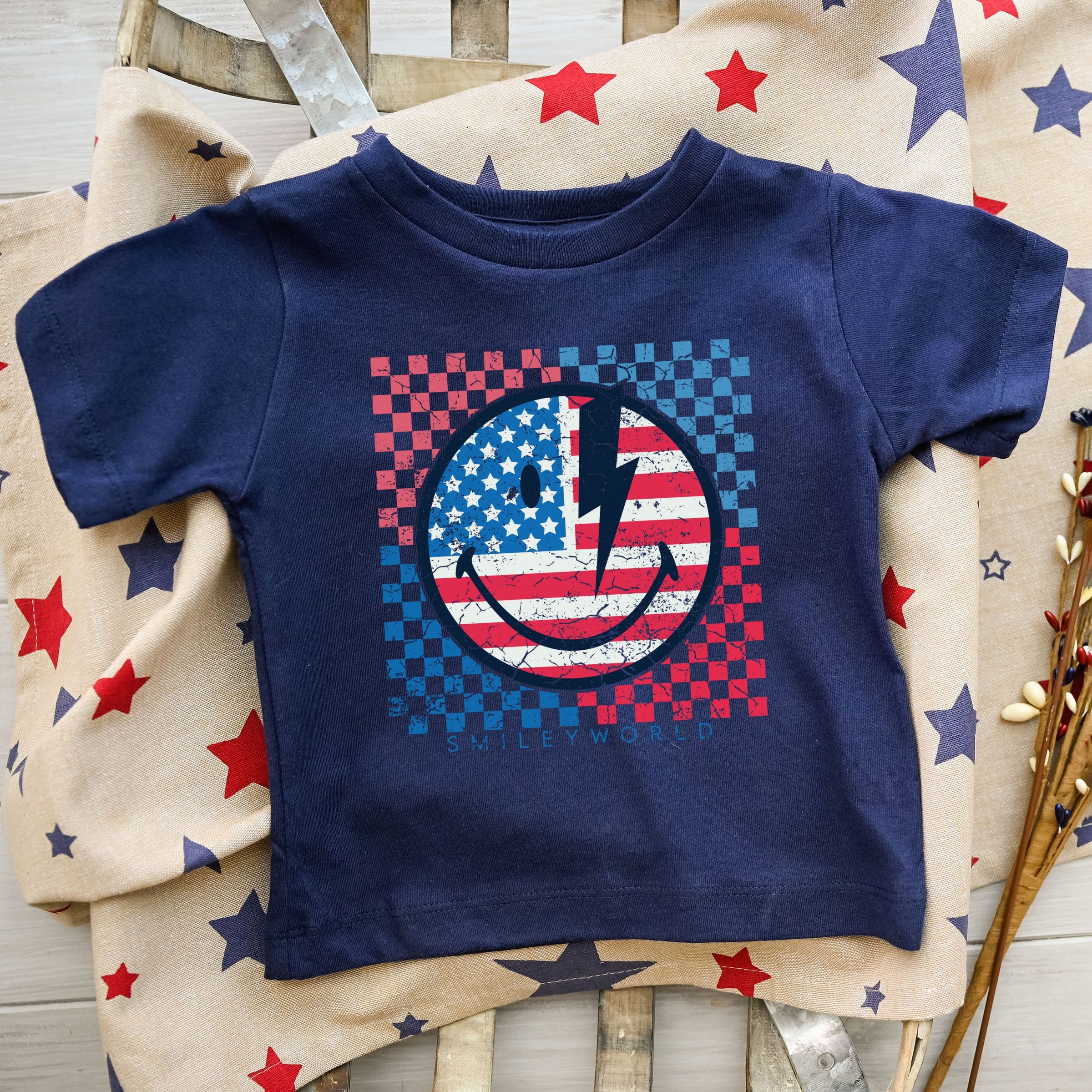 SmileyWorld Patriotic Checkered Lightning - Toddler Short Sleeve Graphic T-Shirt