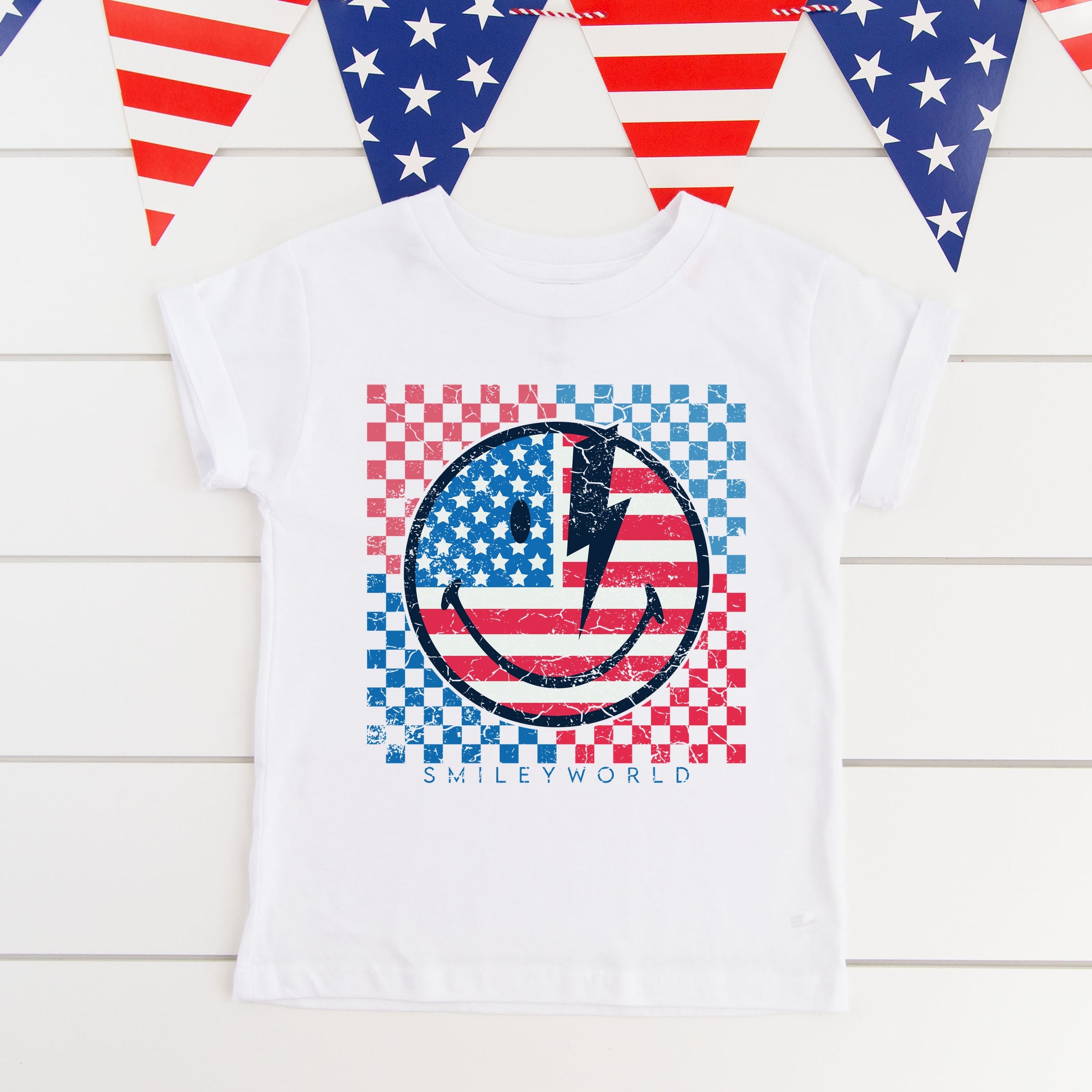 SmileyWorld Patriotic Checkered Lightning - Youth Short Sleeve Graphic T-Shirt
