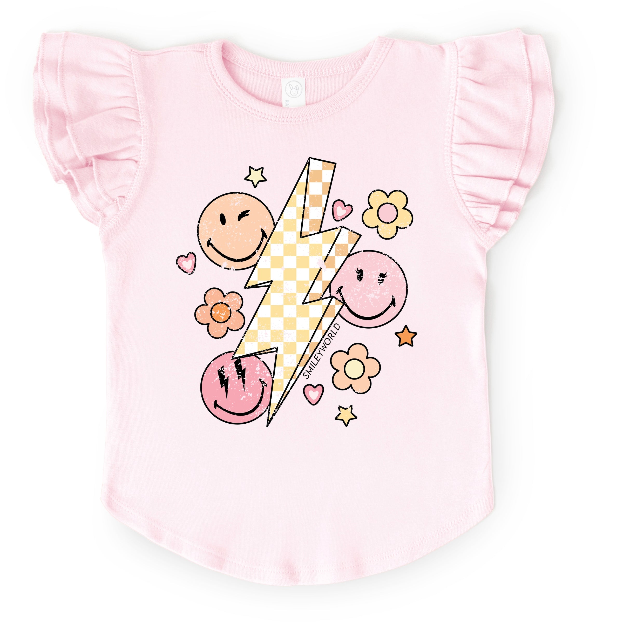 SmileyWorld Checkered Lightning Floral - Flutter Sleeve Graphic T-Shirt