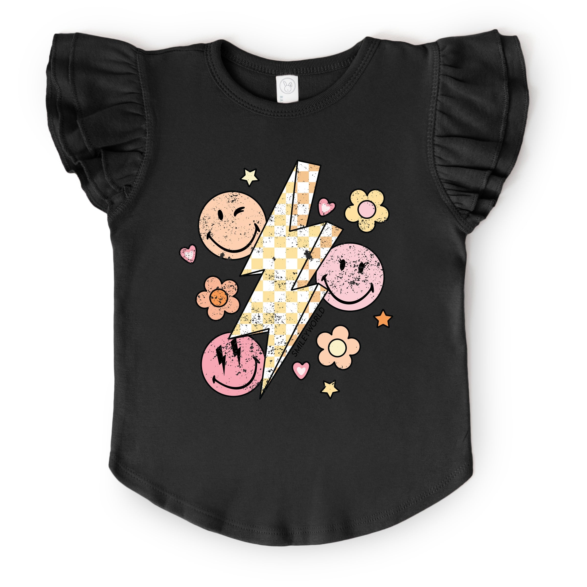 SmileyWorld Checkered Lightning Floral - Flutter Sleeve Graphic T-Shirt