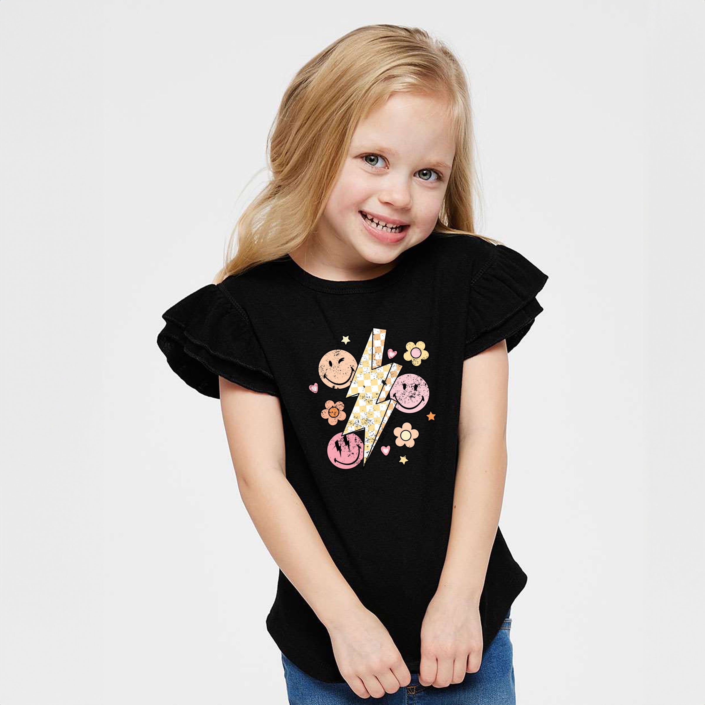 SmileyWorld Checkered Lightning Floral - Flutter Sleeve Graphic T-Shirt