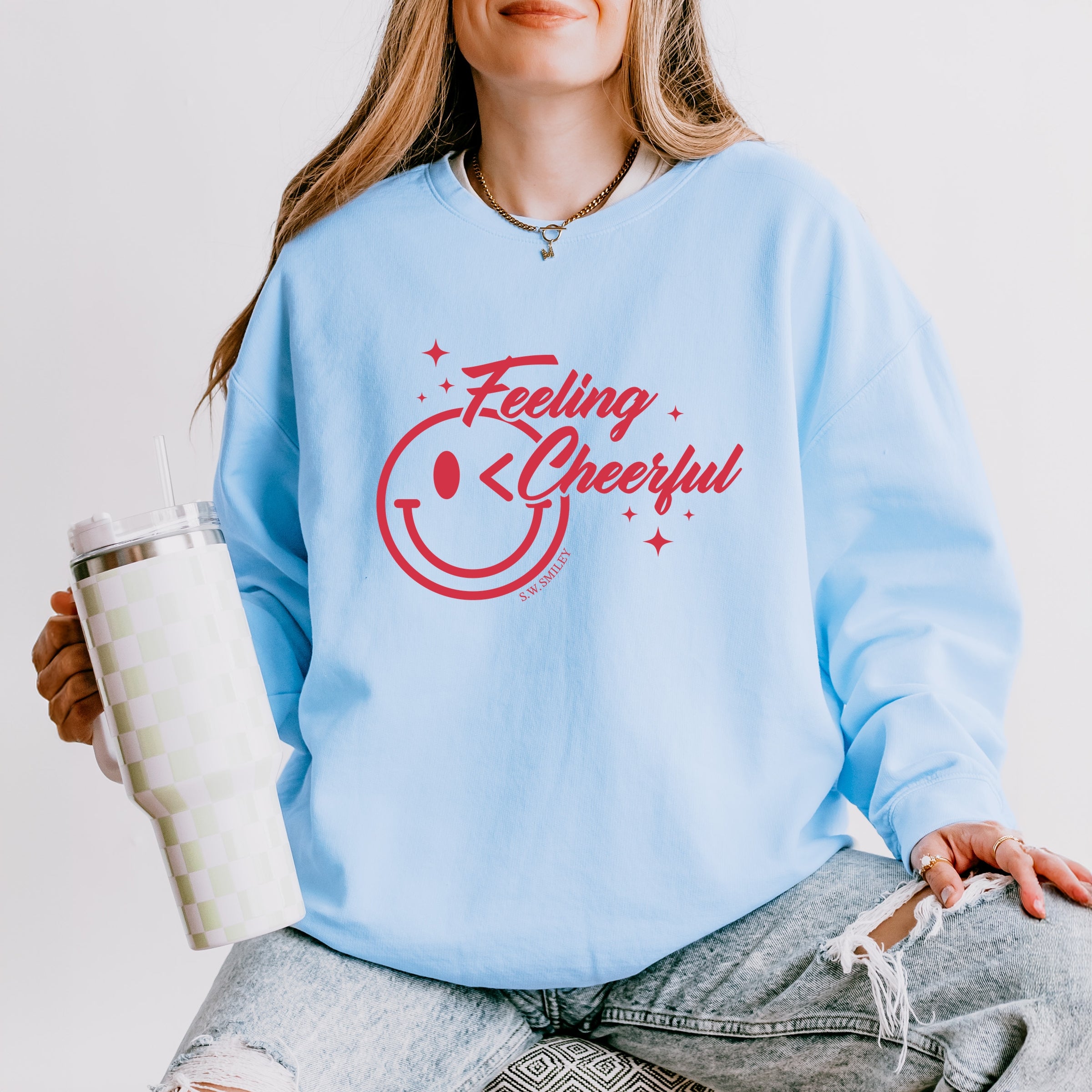 S.W.Smiley Feeling Cheerful Sparkle - Women's Lightweight Garment Dyed Sweatshirt