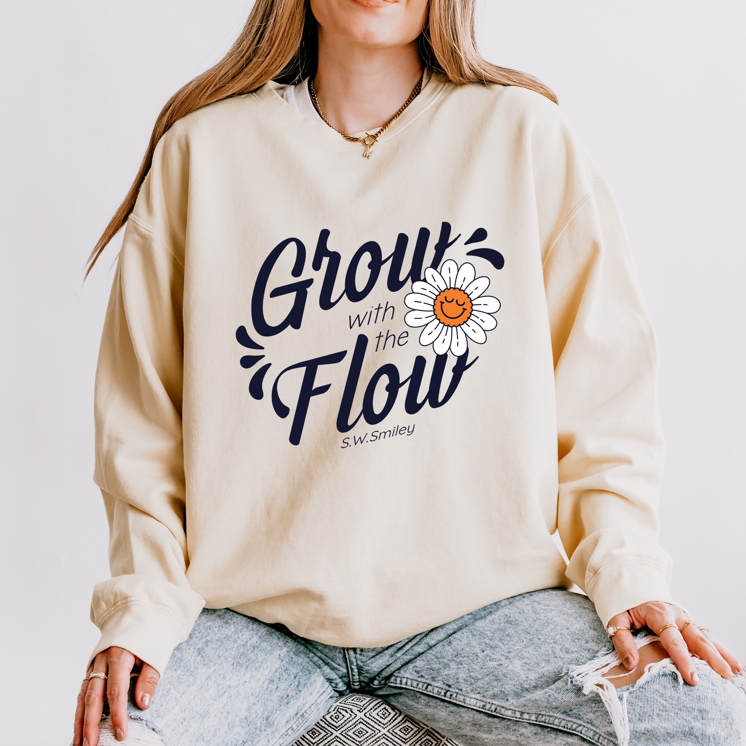 S.W.Smiley Grow With The Flow Flower - Women's Lightweight Garment Dyed Sweatshirt