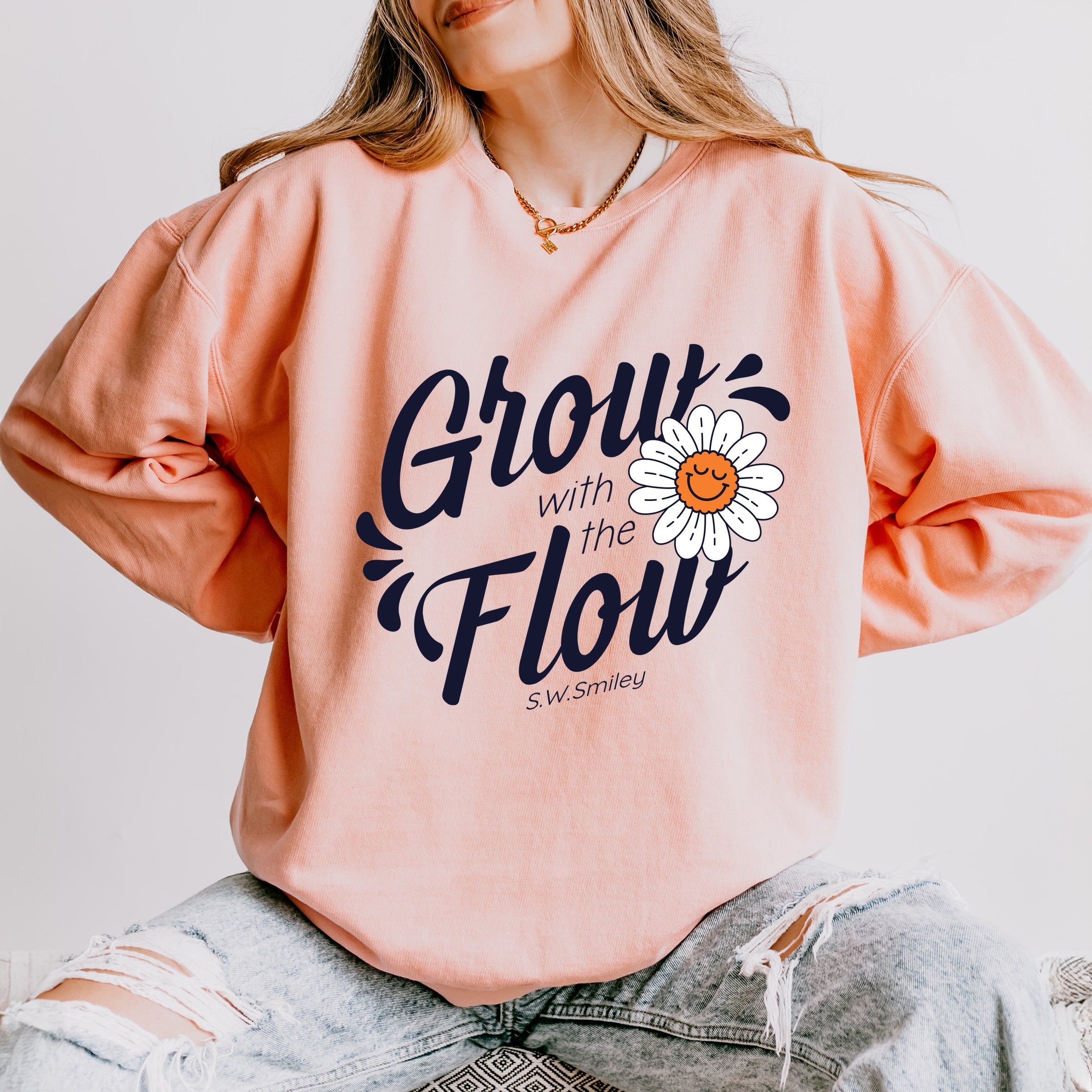 S.W.Smiley Grow With The Flow Flower - Women's Lightweight Garment Dyed Sweatshirt
