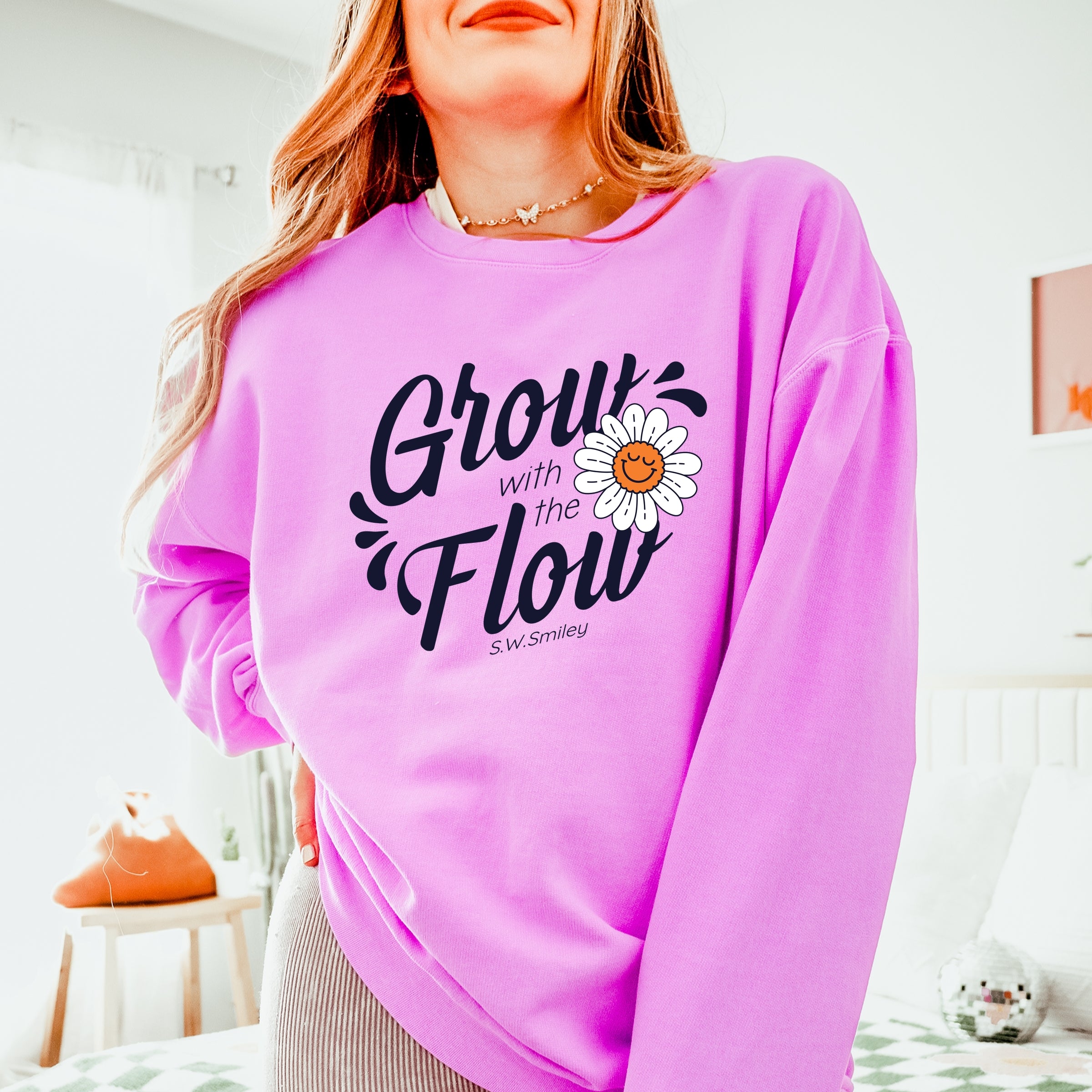 S.W.Smiley Grow With The Flow Flower - Women's Lightweight Garment Dyed Sweatshirt