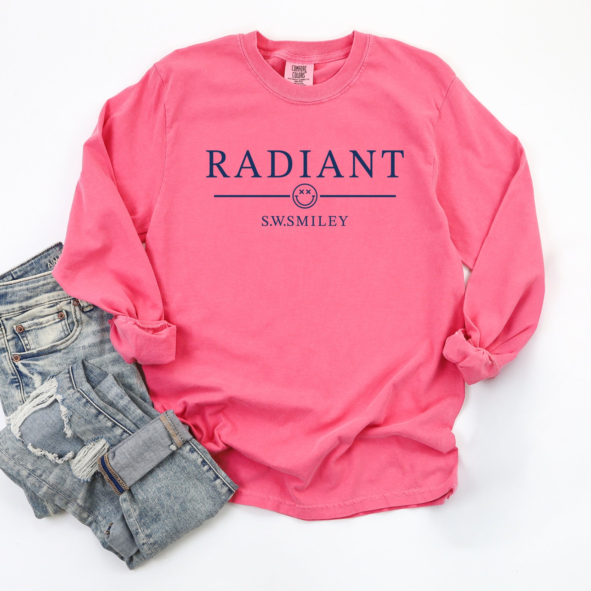 S.W.Smiley Radiant Smiley Outline - Women's Garment Dyed Long Sleeve Graphic T-Shirt