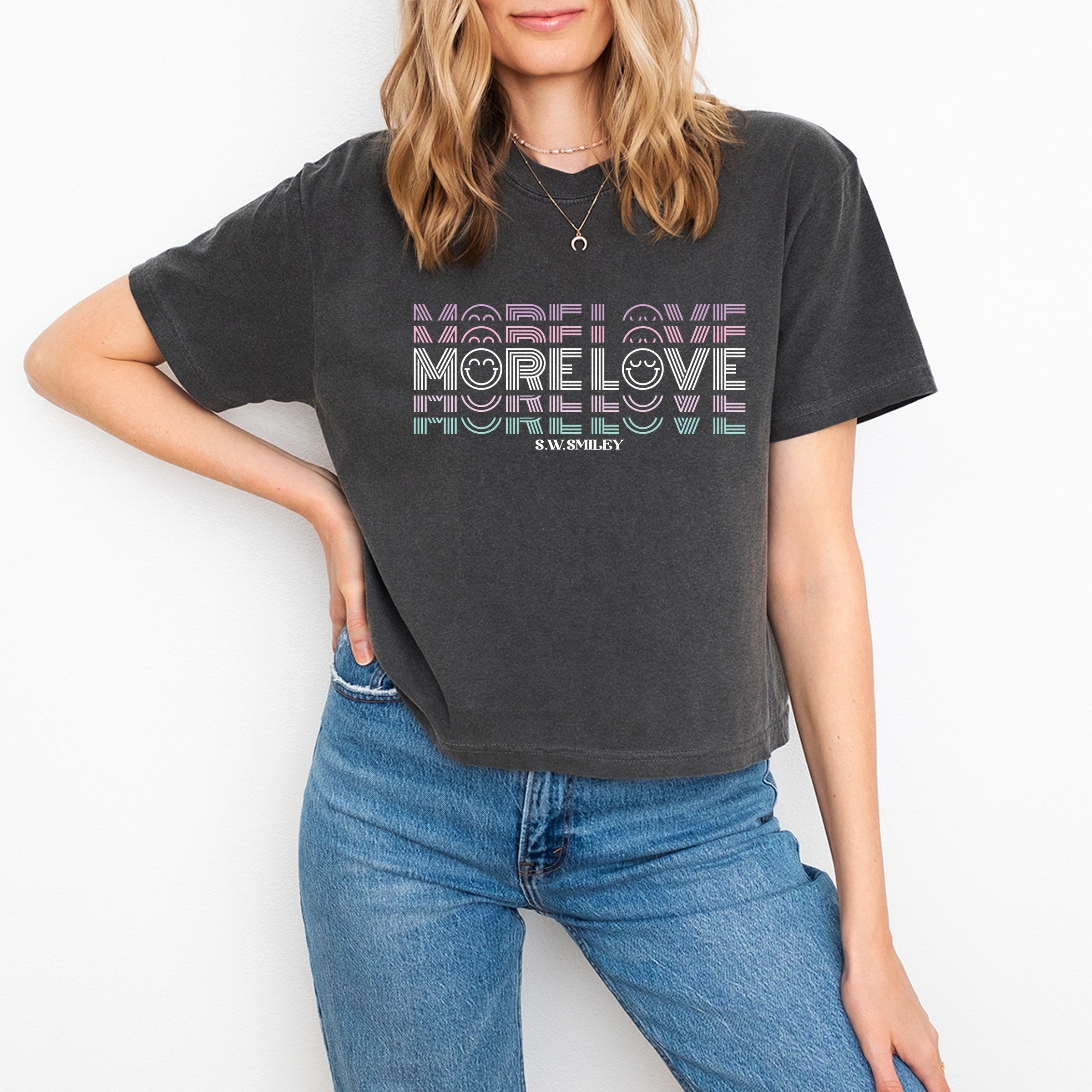 S.W.Smiley More Love - Women's Boxy Crop Top Graphic T-Shirt
