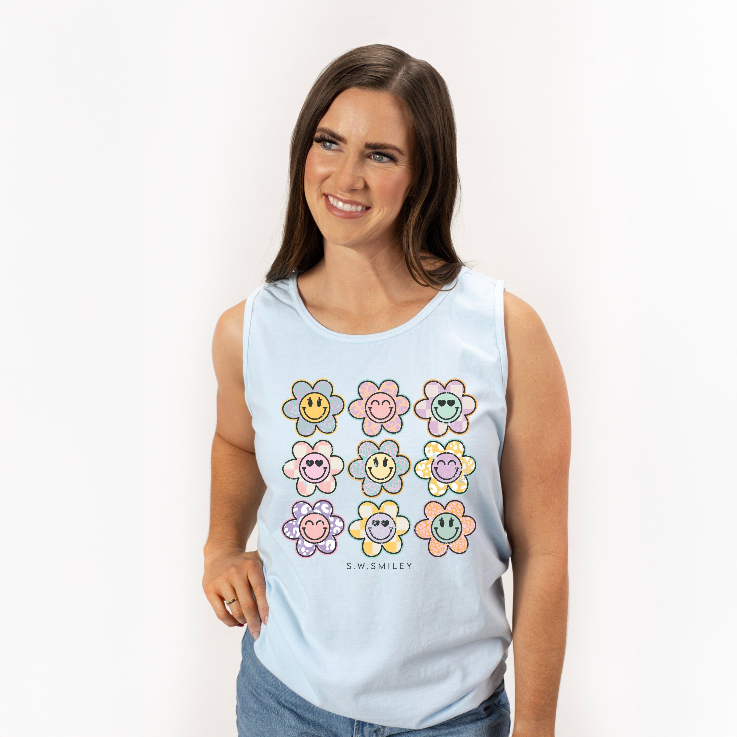 S.W.Smiley Flowers Checkered - Women's Garment Dyed Graphic Tank Top
