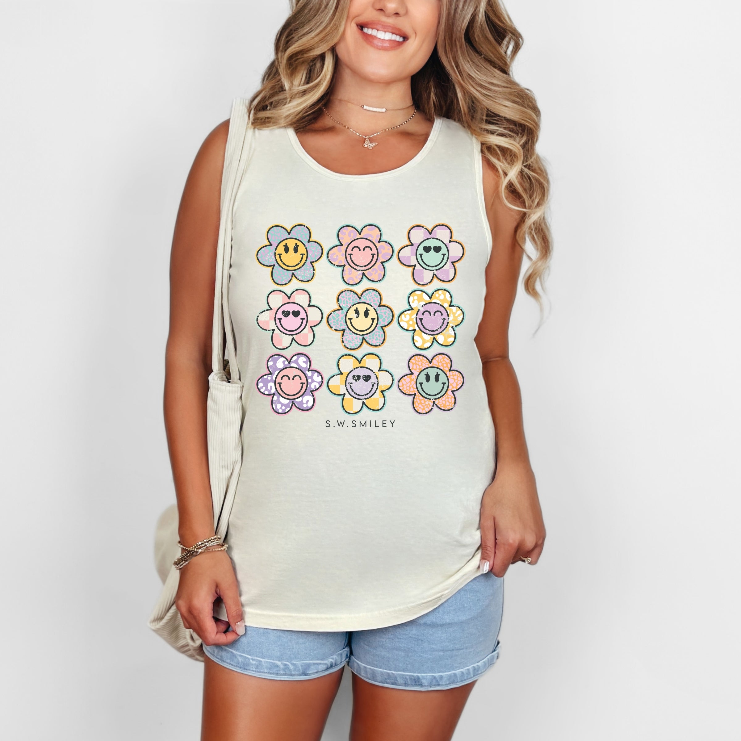S.W.Smiley Flowers Checkered - Women's Garment Dyed Graphic Tank Top