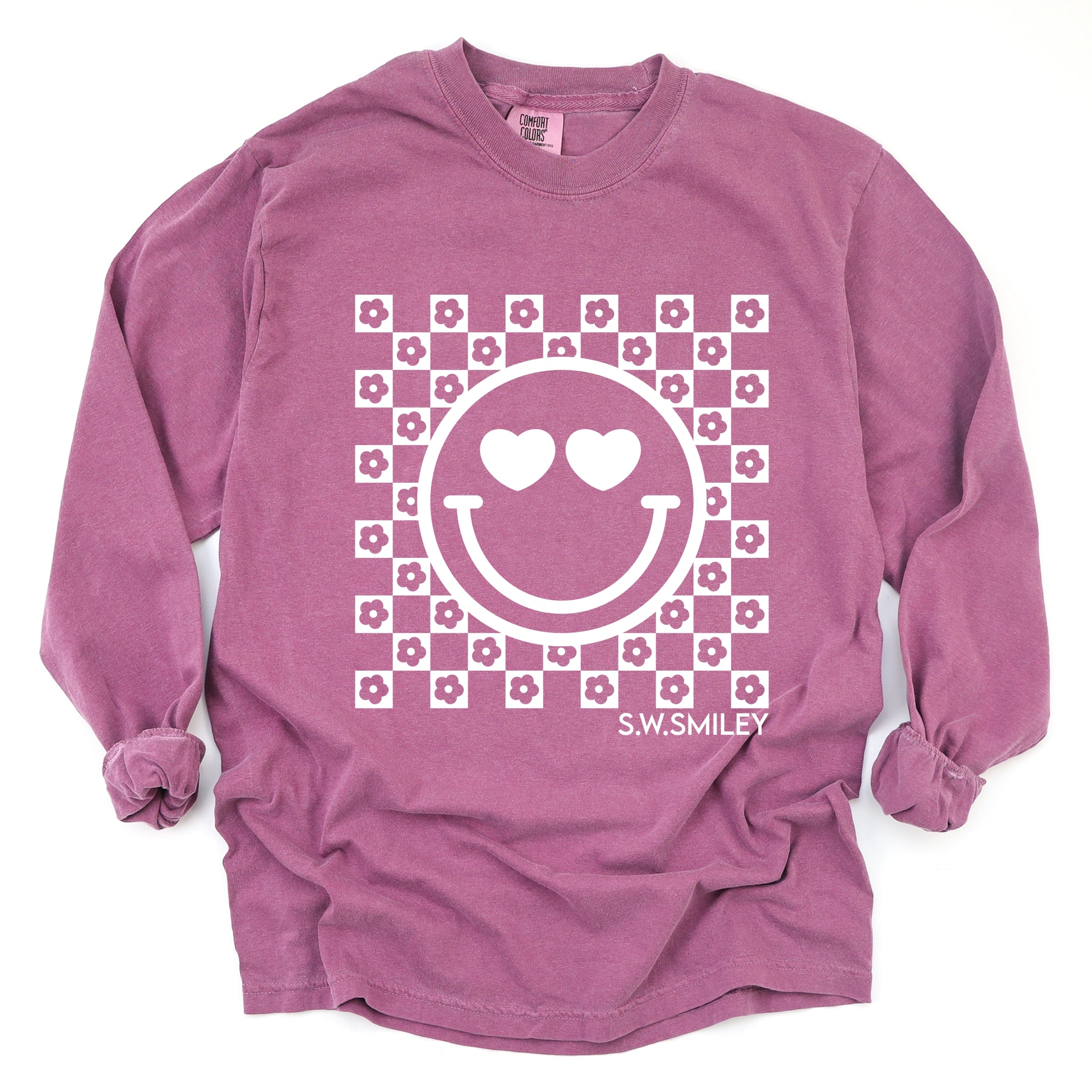 S.W.Smiley Checkered Floral Outline - Women's Garment Dyed Long Sleeve Graphic T-Shirt