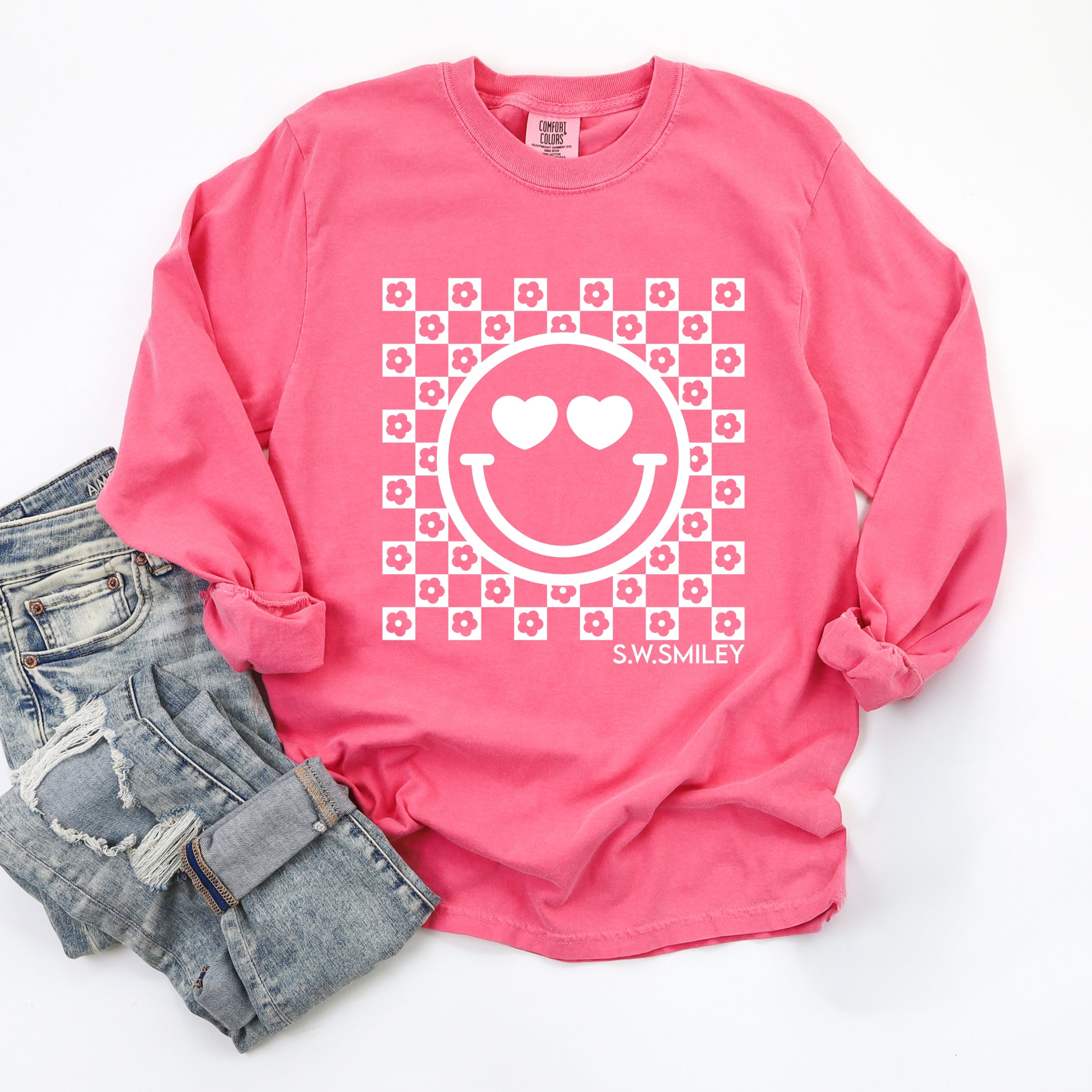 S.W.Smiley Checkered Floral Outline - Women's Garment Dyed Long Sleeve Graphic T-Shirt