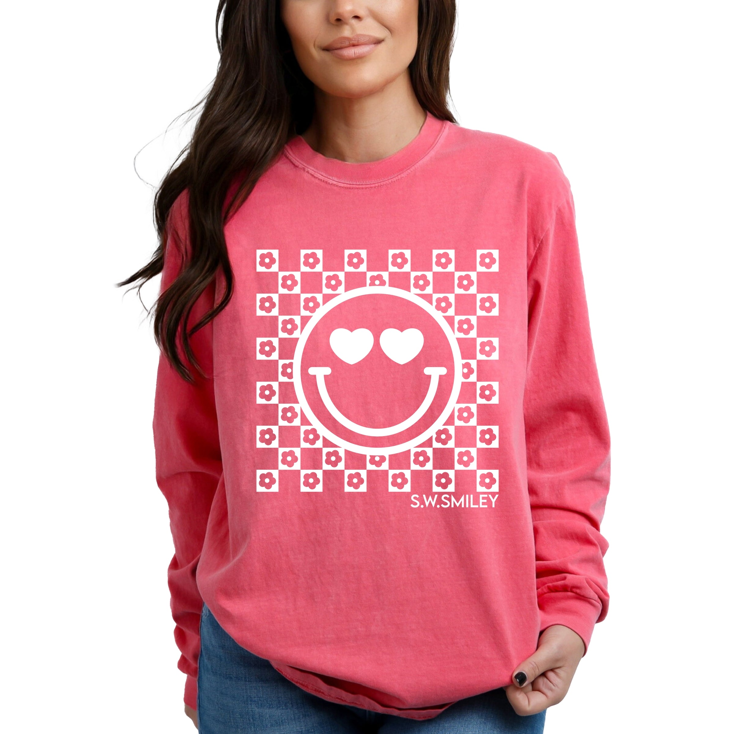 S.W.Smiley Checkered Floral Outline - Women's Garment Dyed Long Sleeve Graphic T-Shirt
