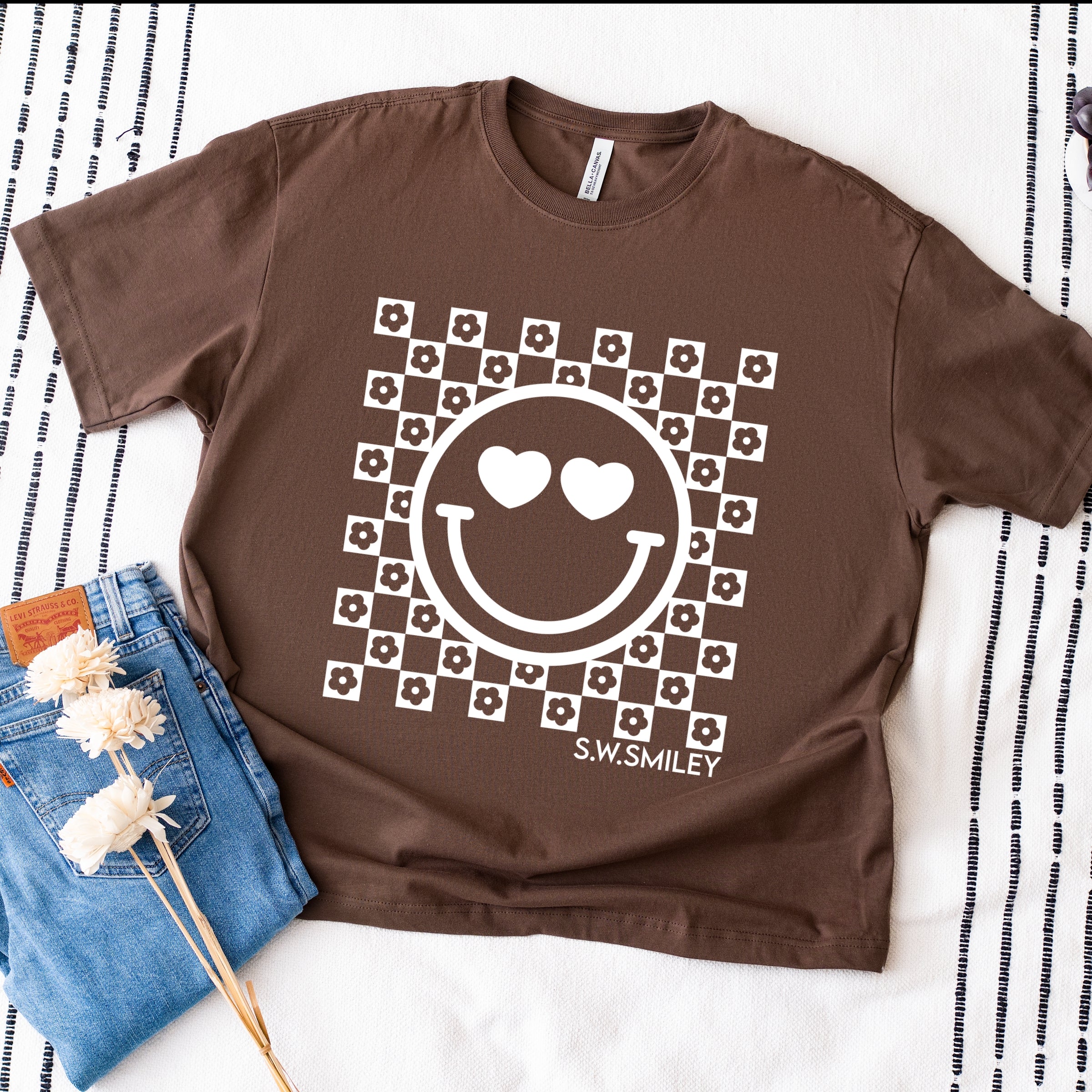 S.W.Smiley Checkered Floral Outline - Women's Heavyweight Graphic T-Shirt