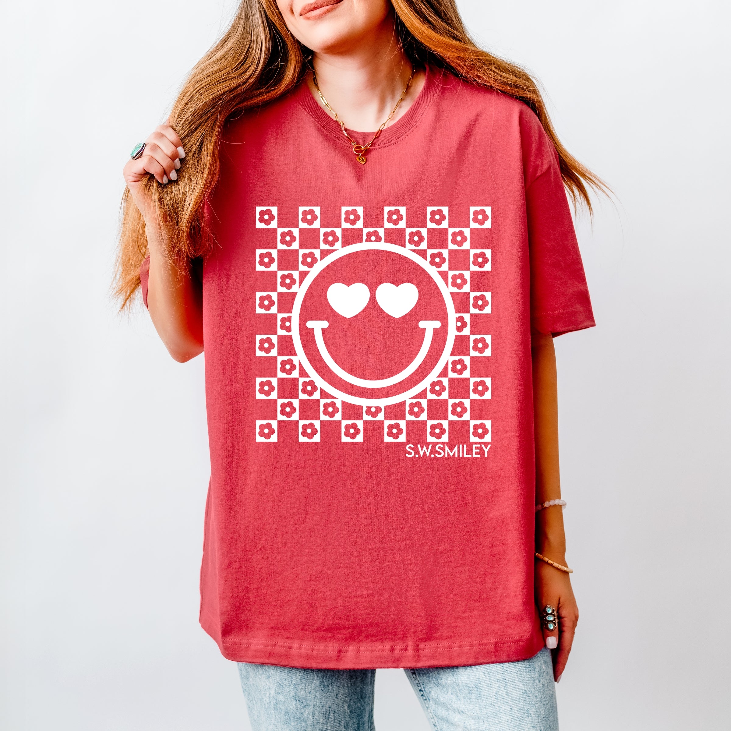 S.W.Smiley Checkered Floral Outline - Women's Heavyweight Graphic T-Shirt