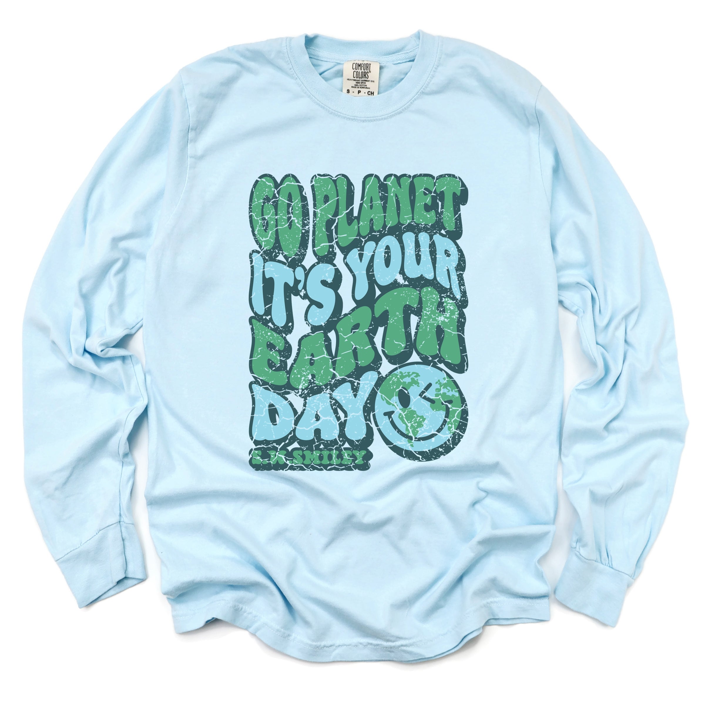 S.W.Smiley Go Planet It's Your Earth Day - Women's Garment Dyed Long Sleeve Graphic T-Shirt