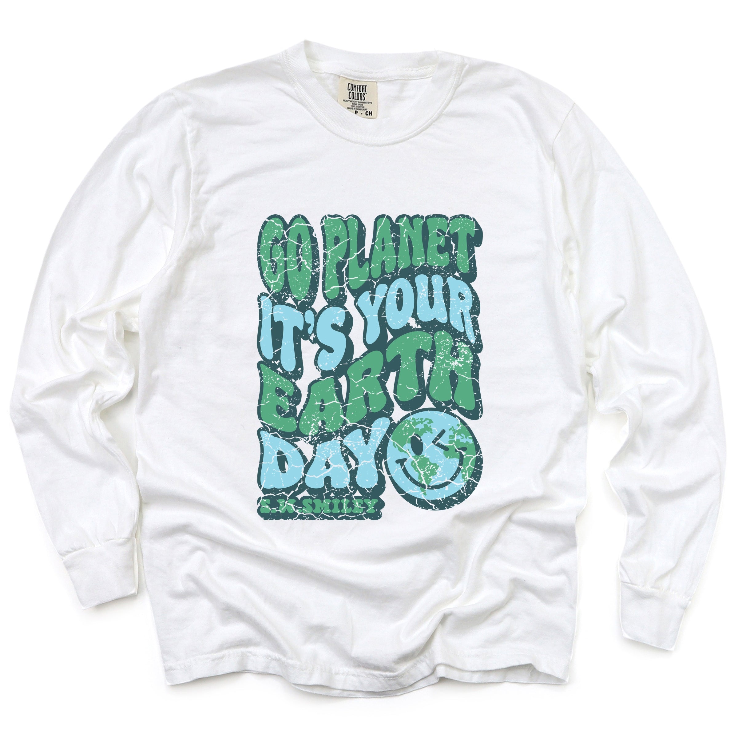 S.W.Smiley Go Planet It's Your Earth Day - Women's Garment Dyed Long Sleeve Graphic T-Shirt