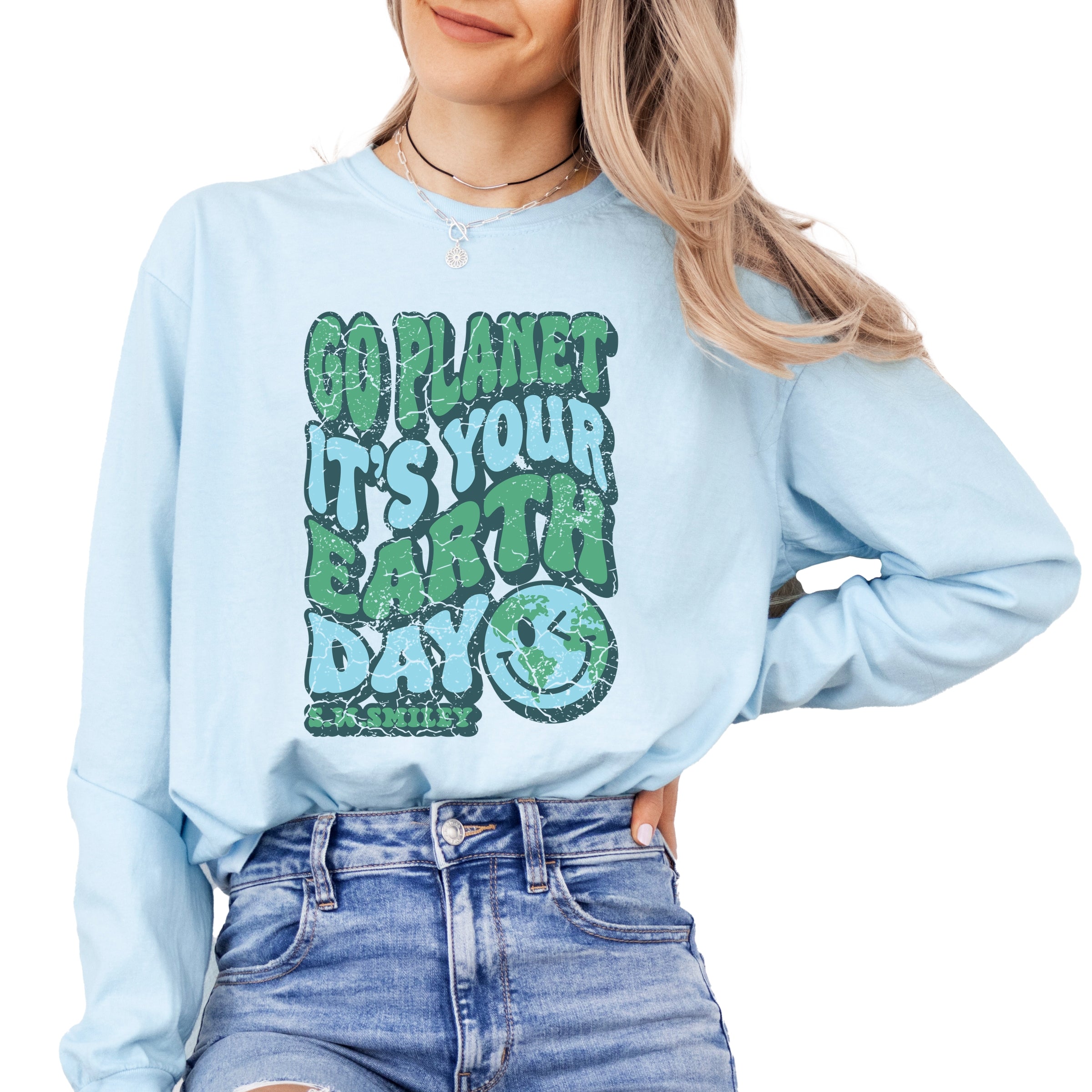 S.W.Smiley Go Planet It's Your Earth Day - Women's Garment Dyed Long Sleeve Graphic T-Shirt