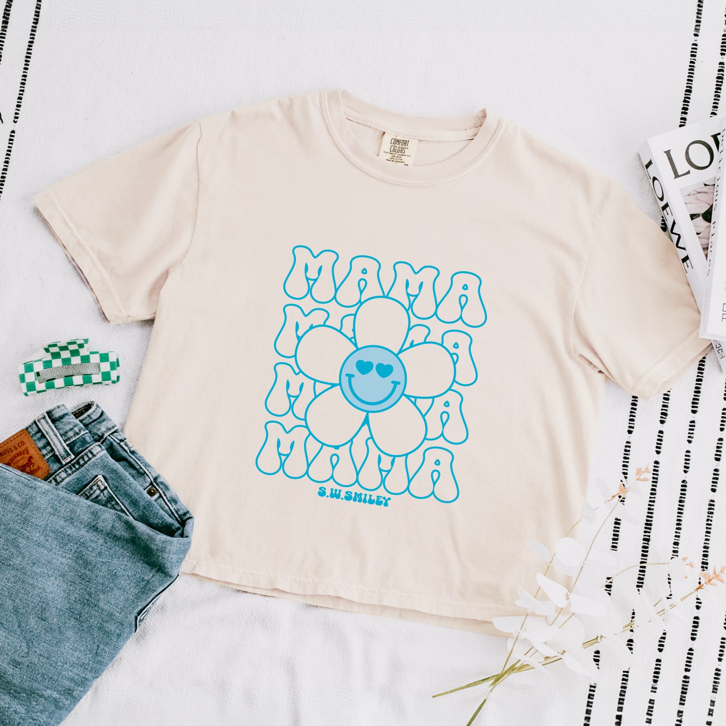 S.W.Smiley Mama Stacked Flower - Women's Boxy Crop Top Graphic T-Shirt