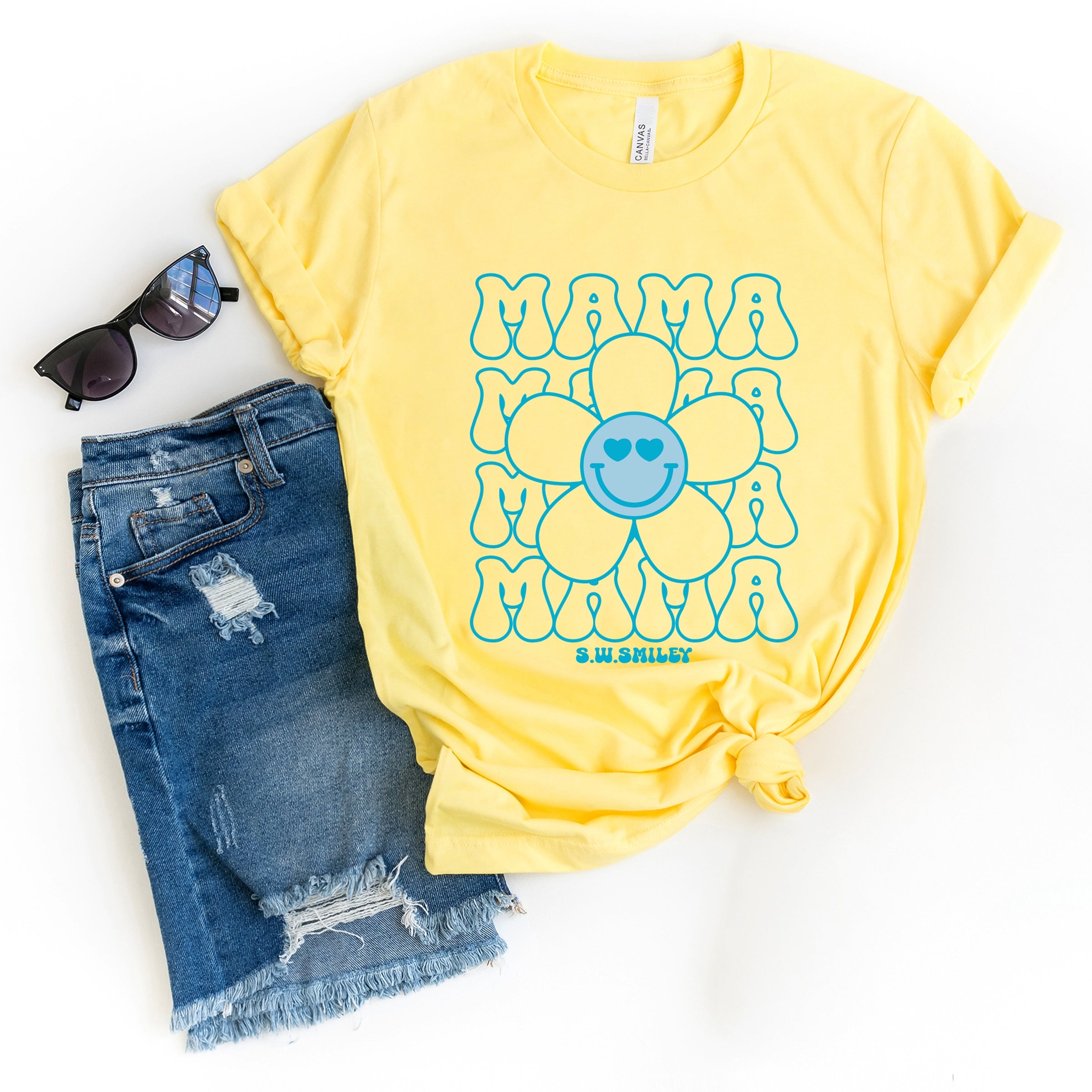 S.W.Smiley Mama Stacked Flower - Women's Short Sleeve Graphic T-Shirt