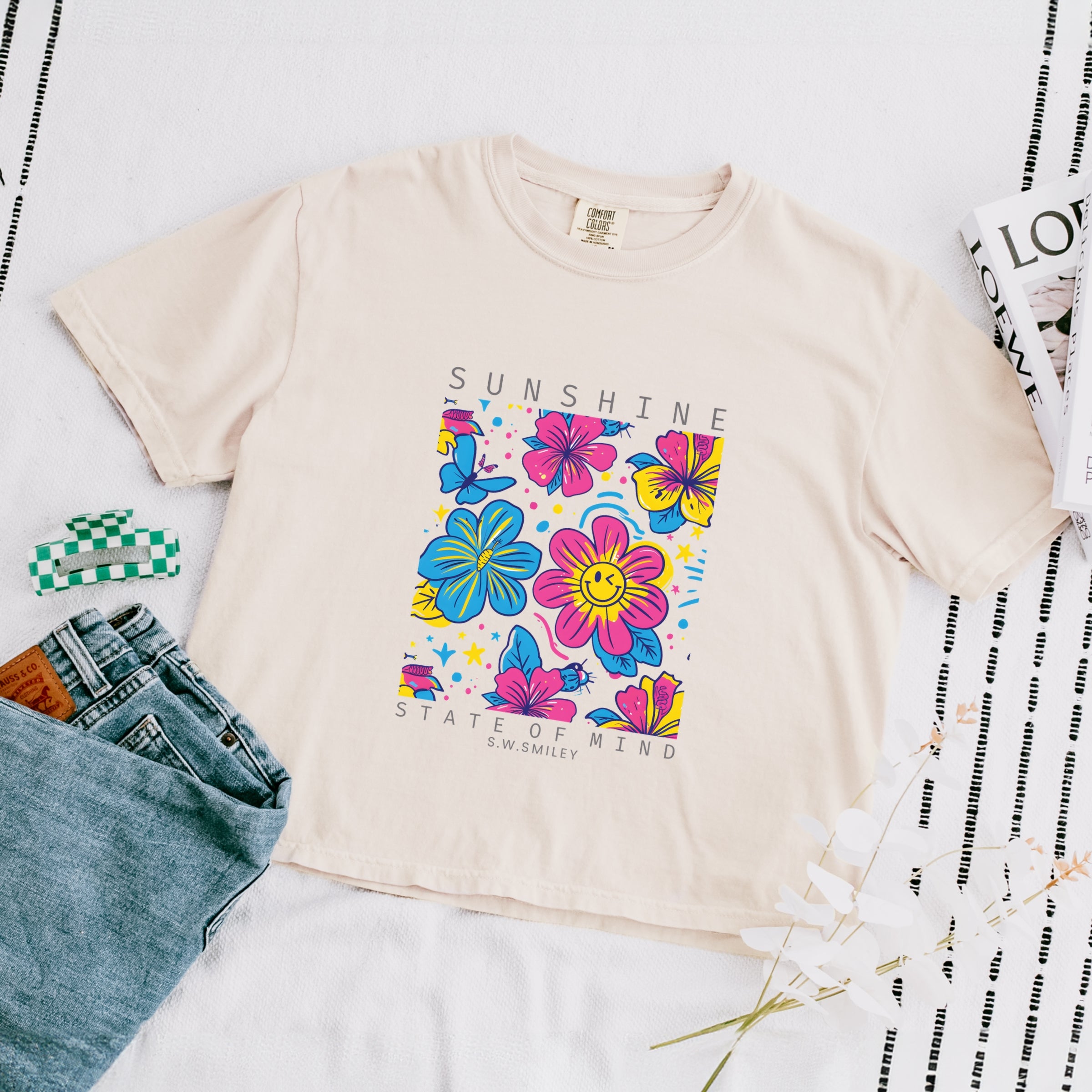 S.W.Smiley Sunshine State of Mind Floral - Women's Boxy Crop Top Graphic T-Shirt