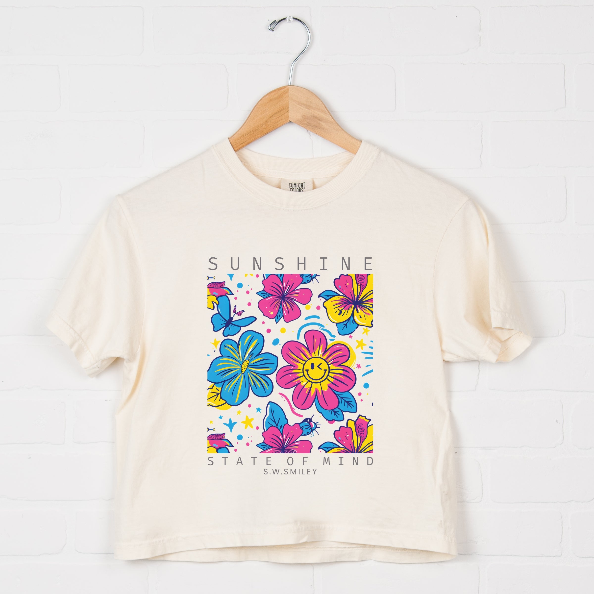 S.W.Smiley Sunshine State of Mind Floral - Women's Boxy Crop Top Graphic T-Shirt