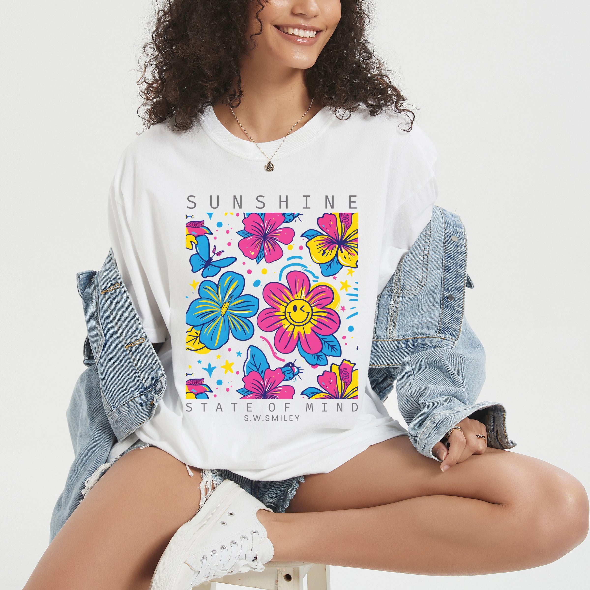 S.W.Smiley Sunshine State of Mind Floral - Women's Garment Dyed Graphic T-Shirt