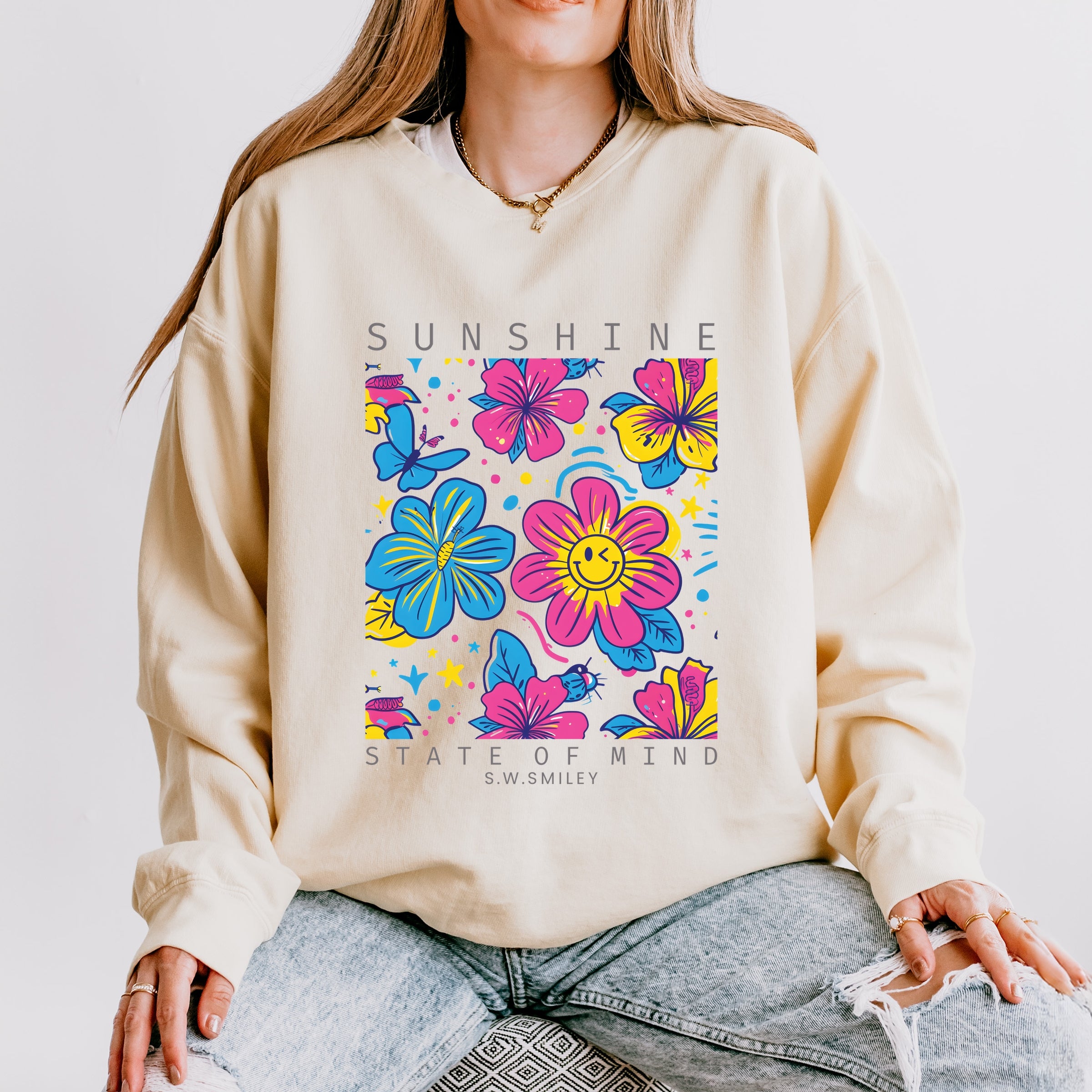 S.W.Smiley Sunshine State of Mind Floral - Women's Lightweight Garment Dyed Sweatshirt