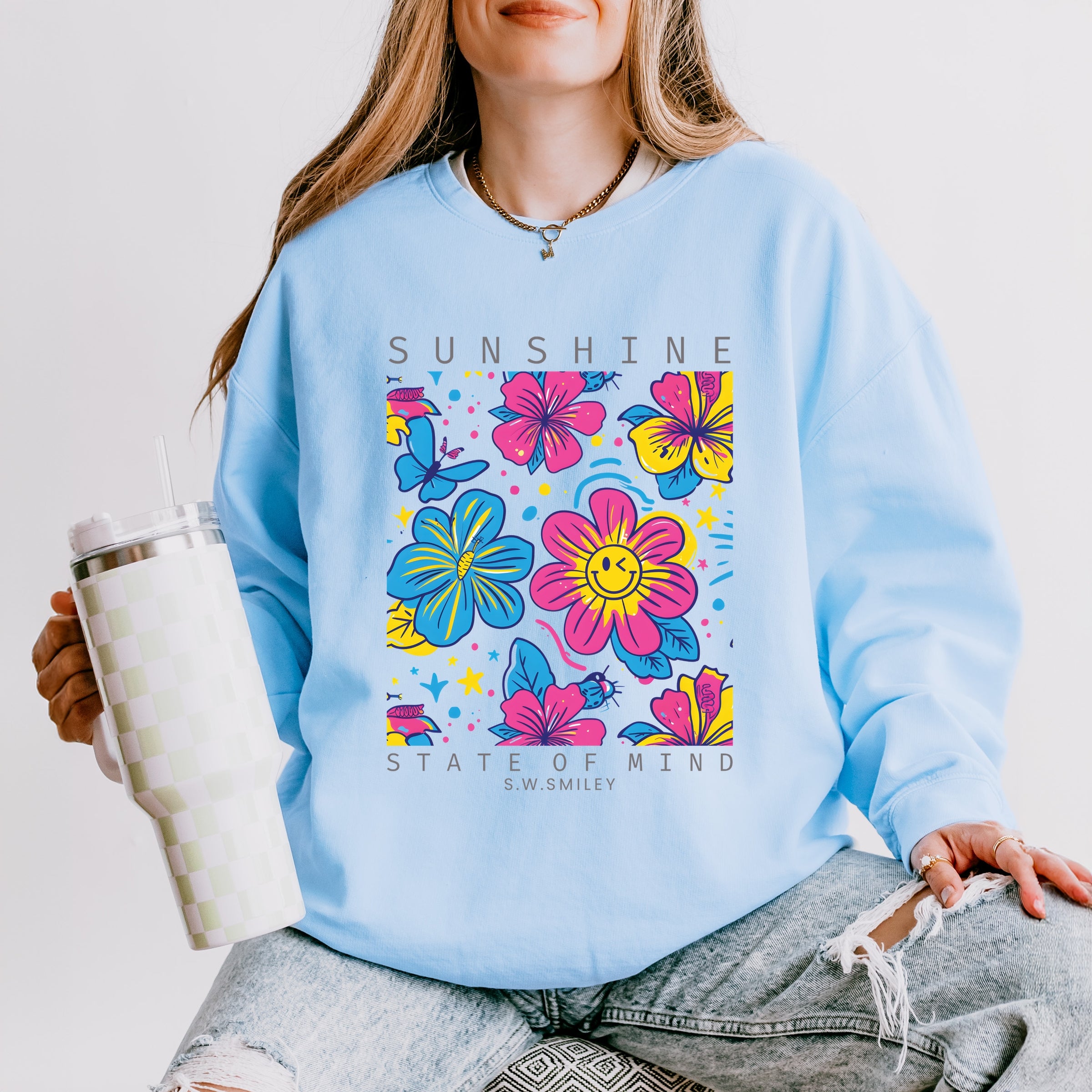 S.W.Smiley Sunshine State of Mind Floral - Women's Lightweight Garment Dyed Sweatshirt