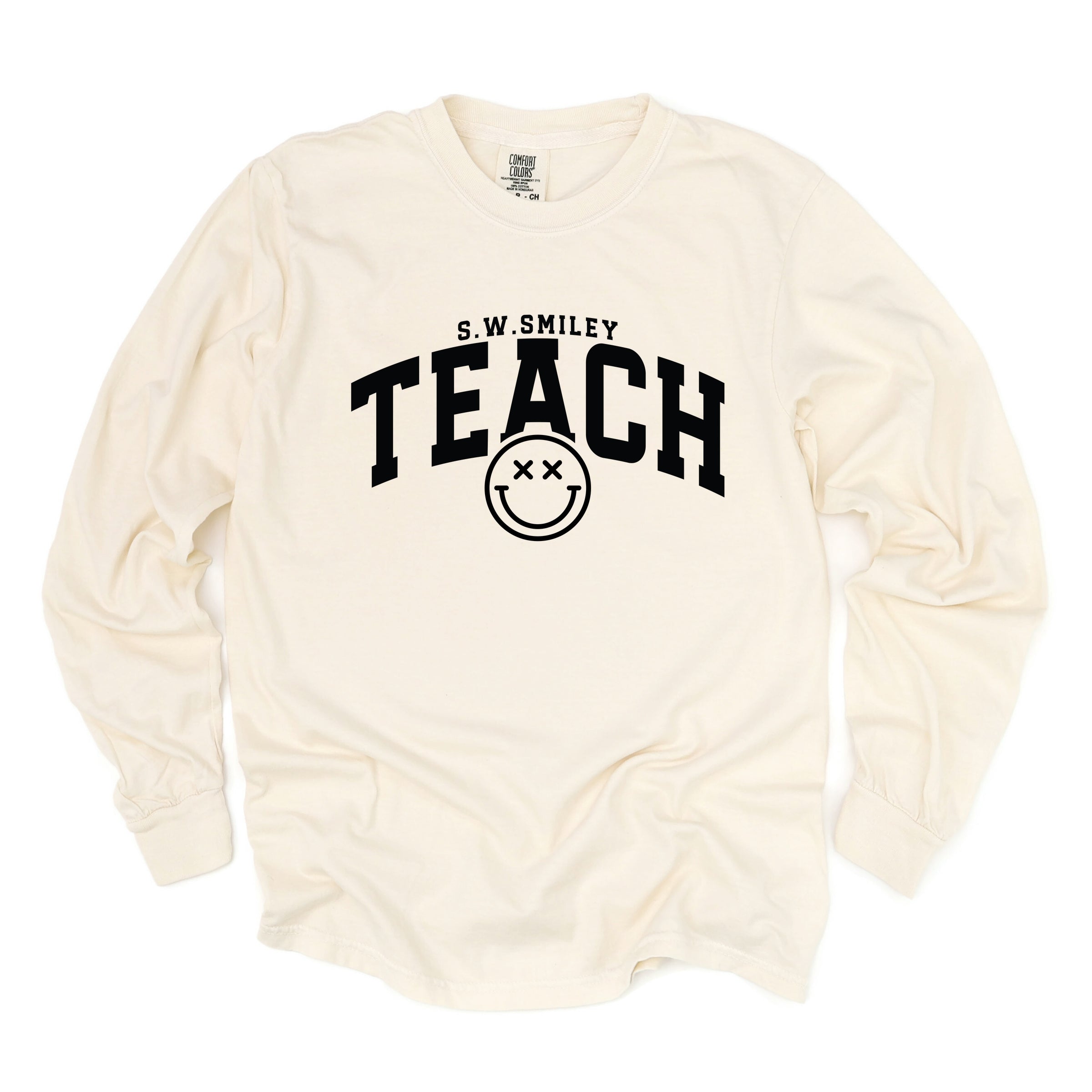 S.W.Smiley Teach Varsity Arched - Women's Garment Dyed Long Sleeve Graphic T-Shirt
