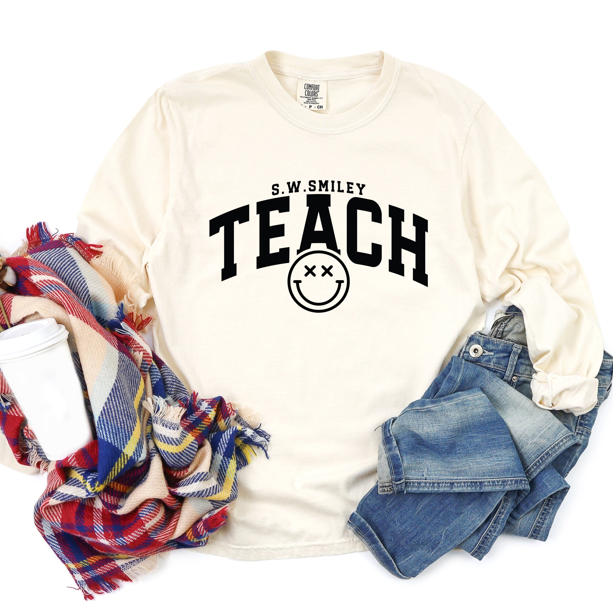 S.W.Smiley Teach Varsity Arched - Women's Garment Dyed Long Sleeve Graphic T-Shirt