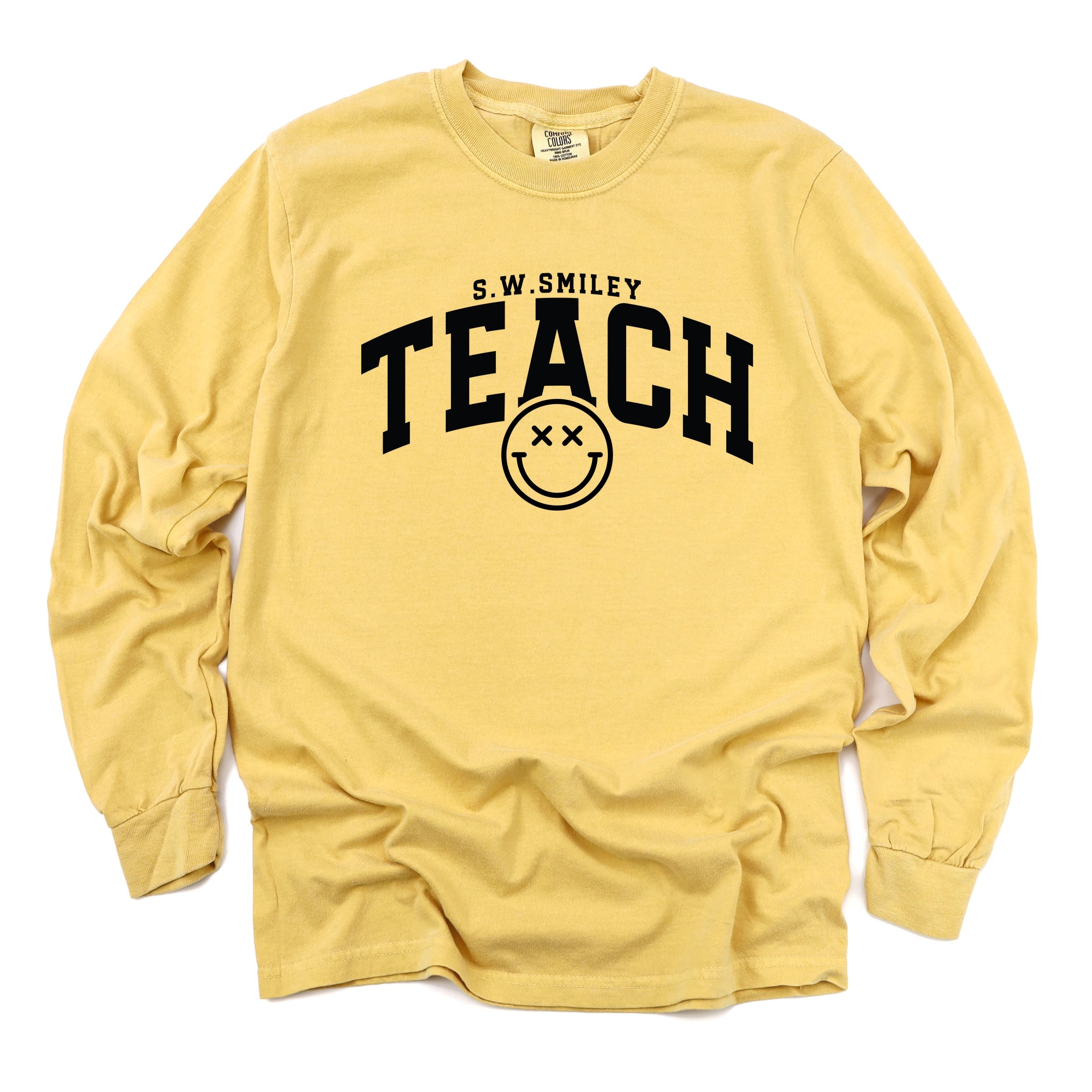 S.W.Smiley Teach Varsity Arched - Women's Garment Dyed Long Sleeve Graphic T-Shirt