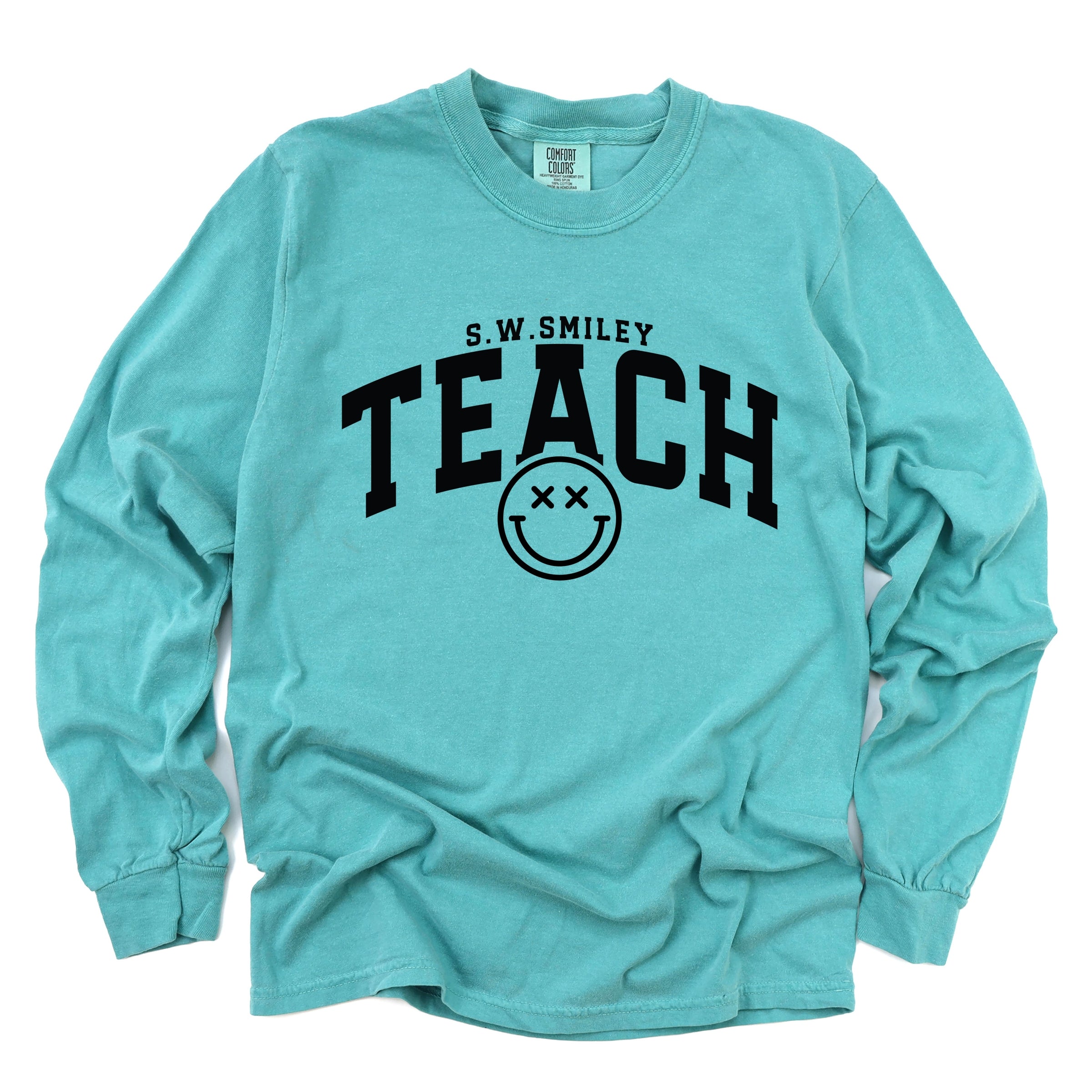 S.W.Smiley Teach Varsity Arched - Women's Garment Dyed Long Sleeve Graphic T-Shirt