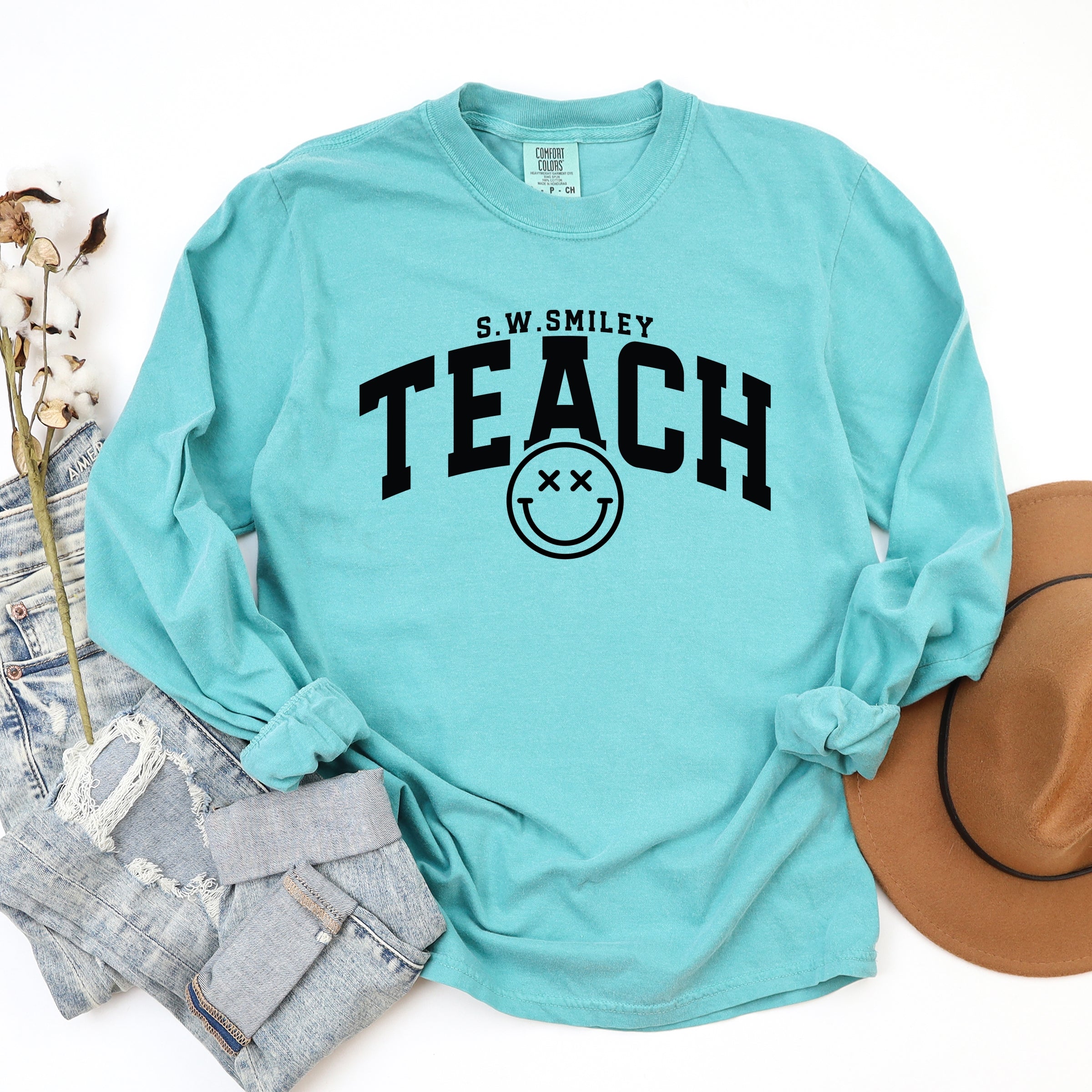 S.W.Smiley Teach Varsity Arched - Women's Garment Dyed Long Sleeve Graphic T-Shirt