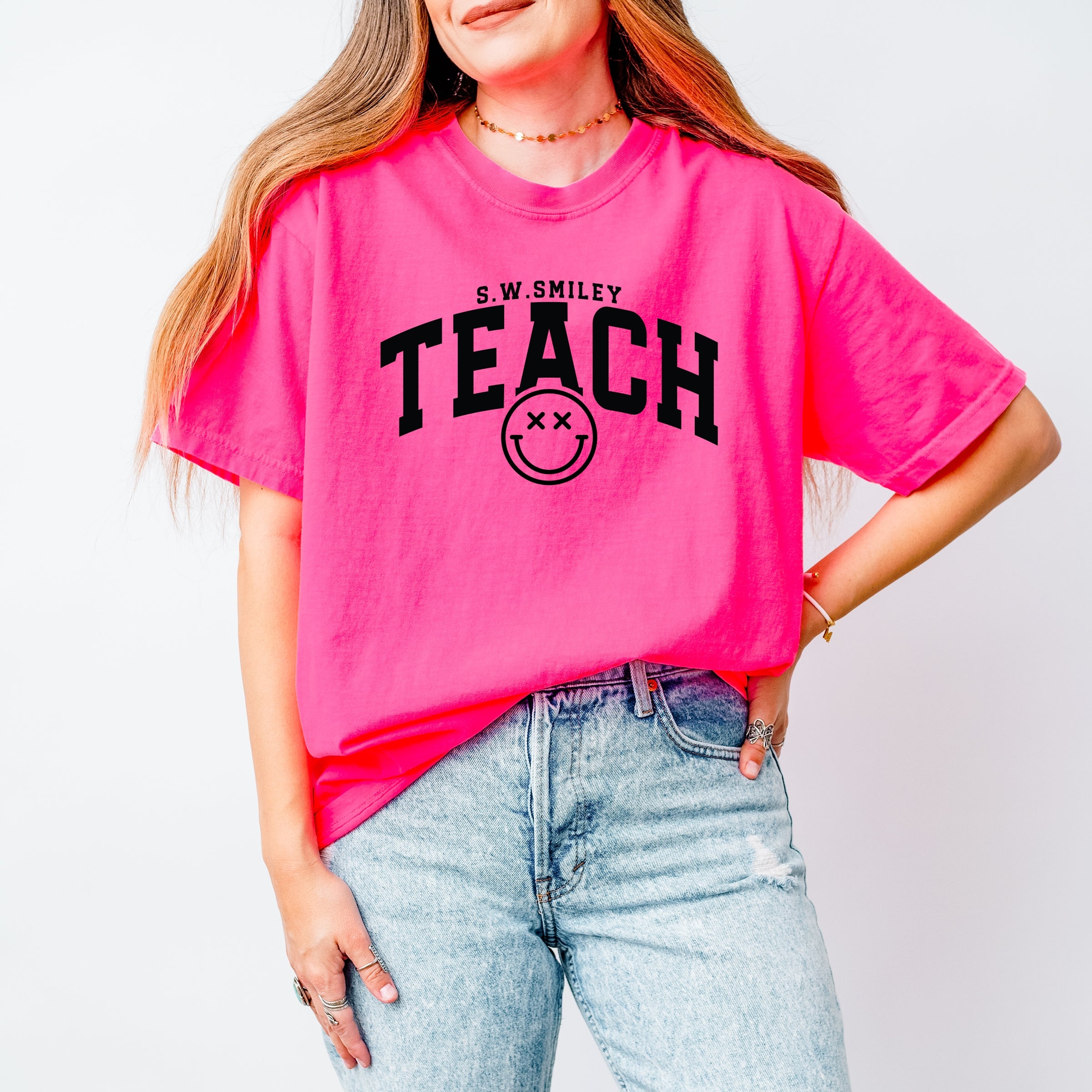 S.W.Smiley Teach Varsity Arched - Women's Garment Dyed Graphic T-Shirt