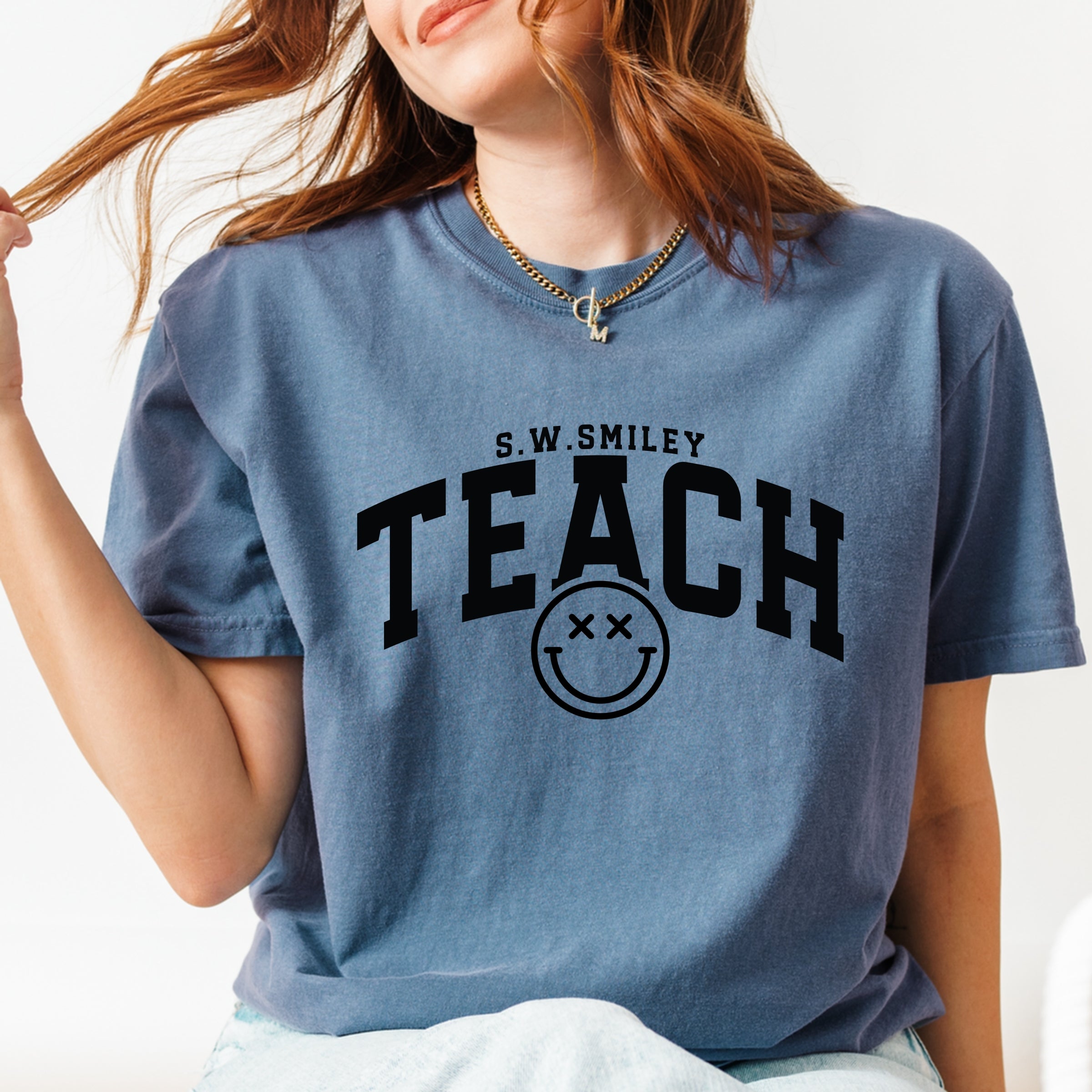 S.W.Smiley Teach Varsity Arched - Women's Garment Dyed Graphic T-Shirt