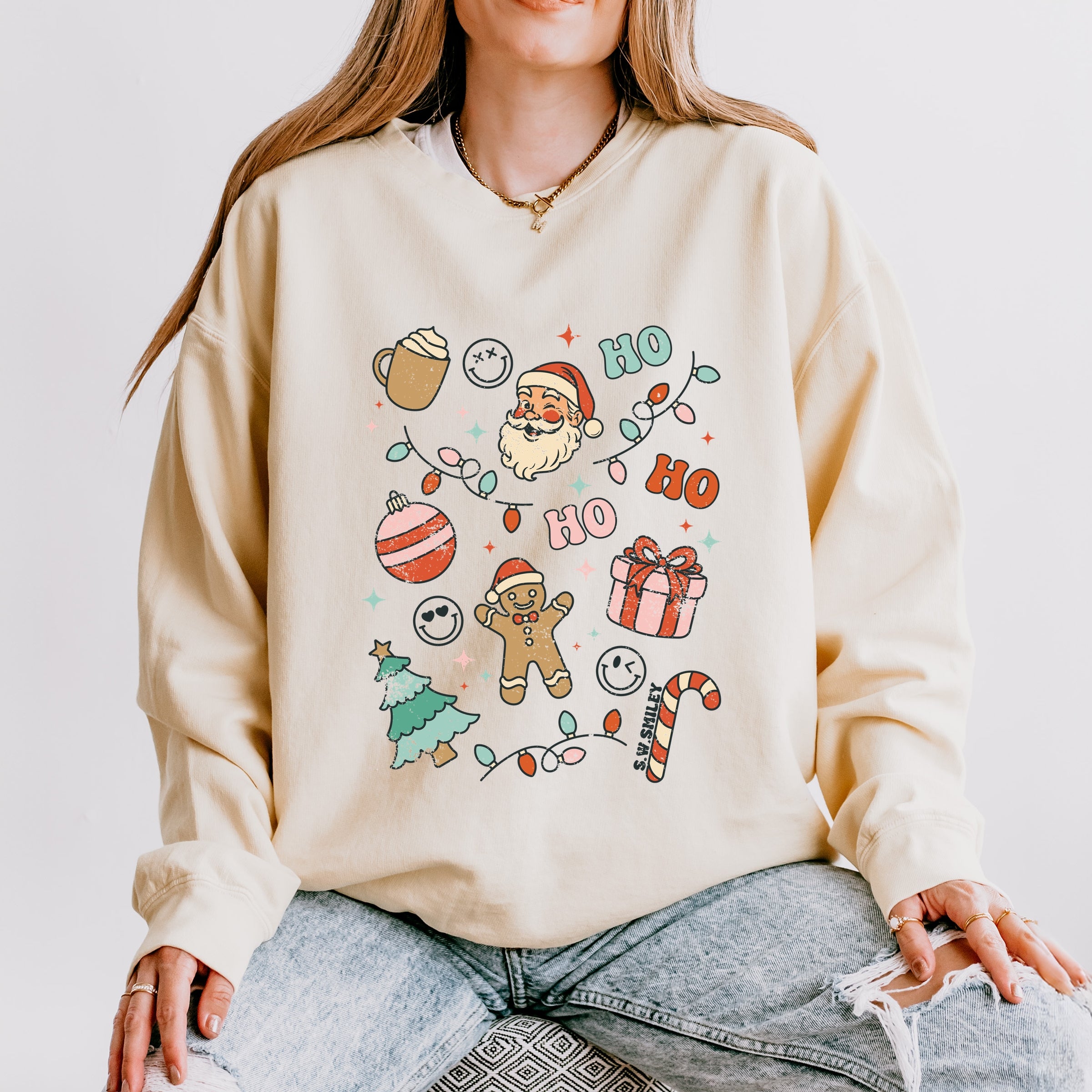 S.W.Smiley Christmas Collage Sparkle - Womens Lightweight Garment Dyed Sweatshirt