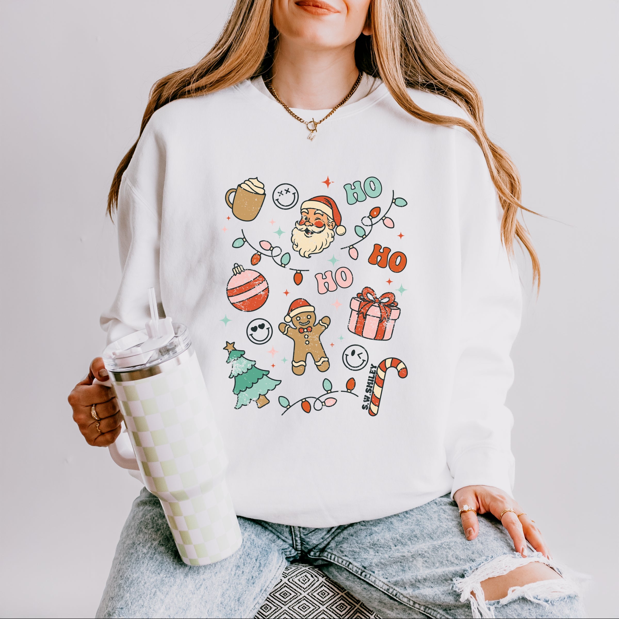 S.W.Smiley Christmas Collage Sparkle - Womens Lightweight Garment Dyed Sweatshirt
