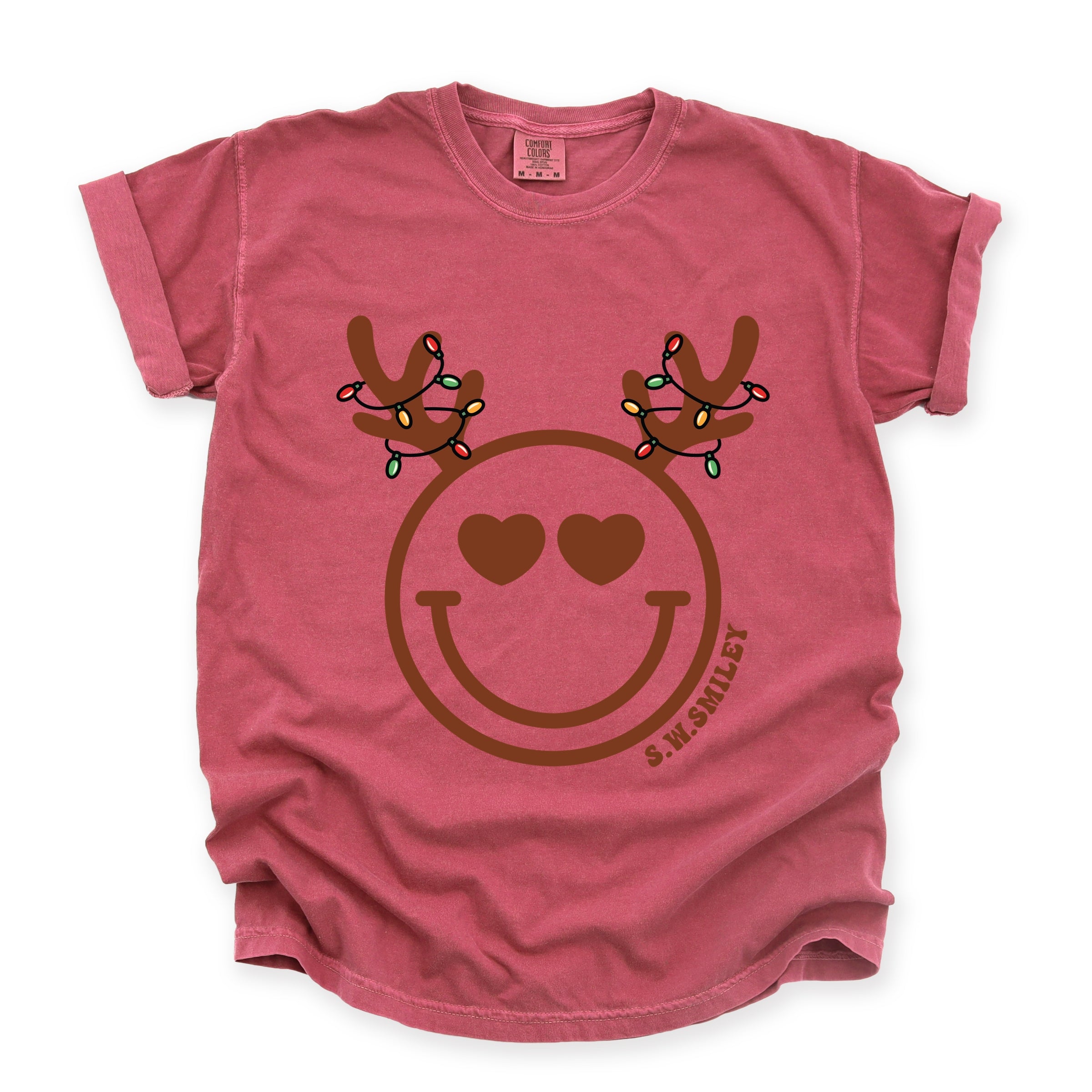 S.W.Smiley Reindeer Lights - Womens Garment Dyed Tee