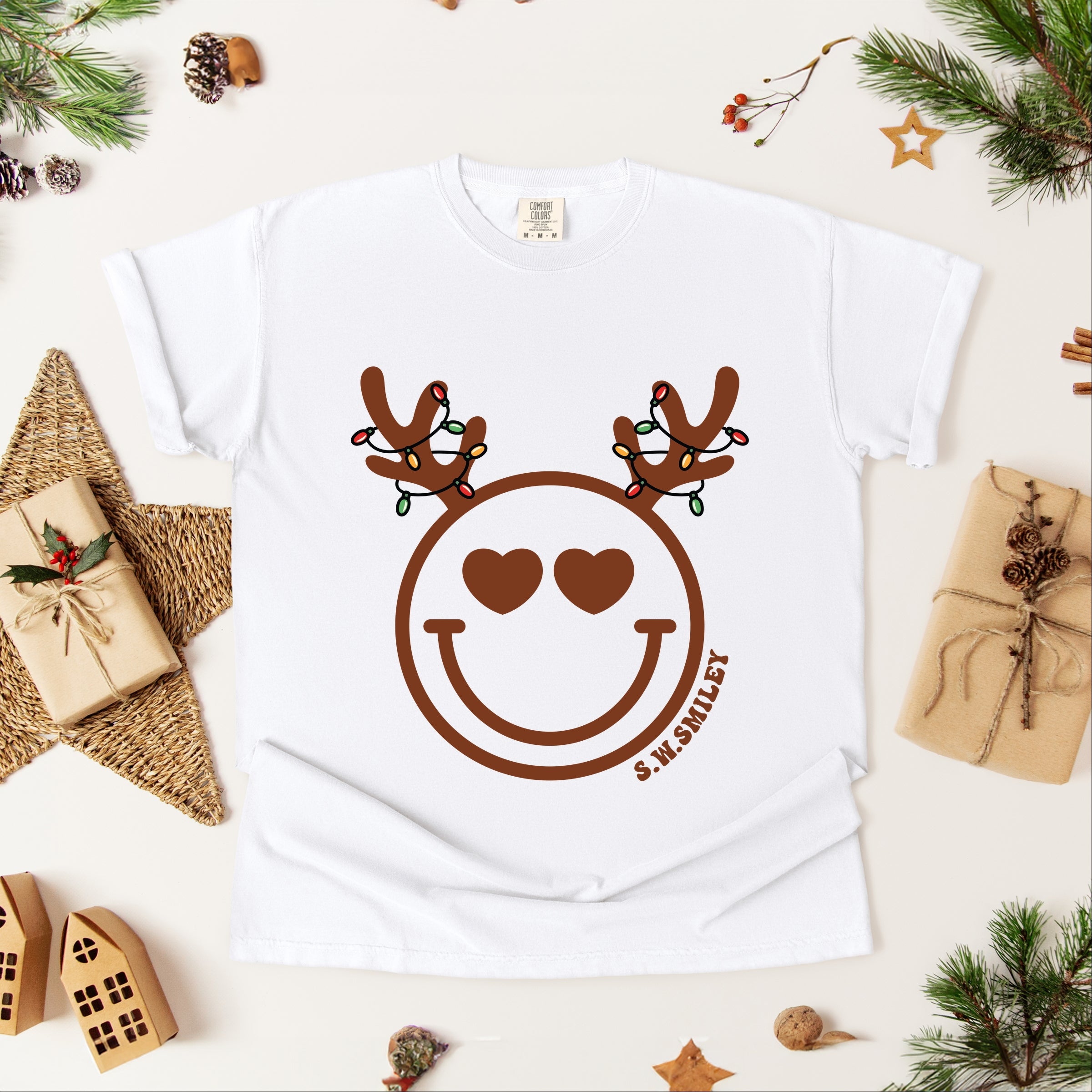 S.W.Smiley Reindeer Lights - Womens Garment Dyed Tee