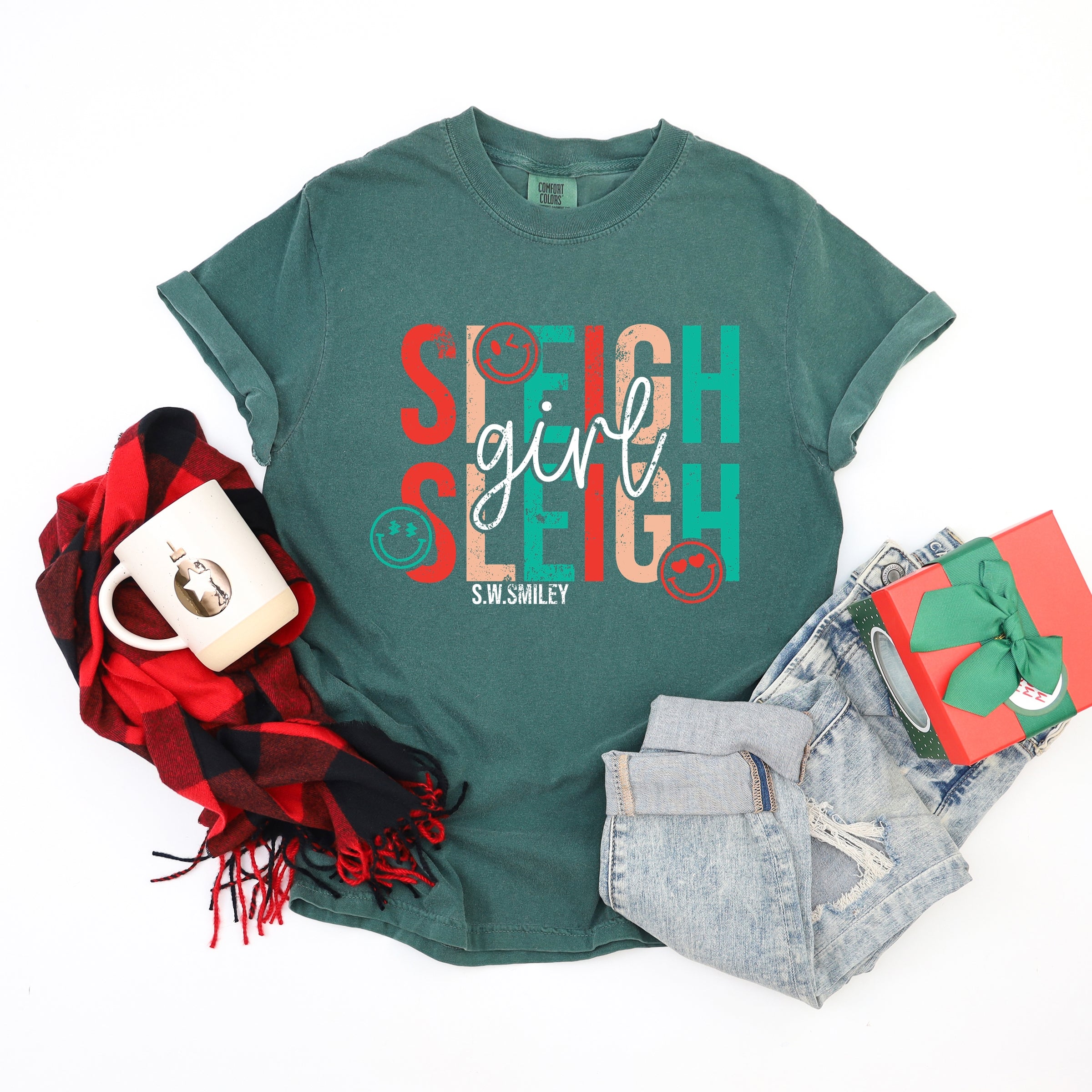 S.W.Smiley Sleigh Girl Sleigh - Womens Garment Dyed Tee