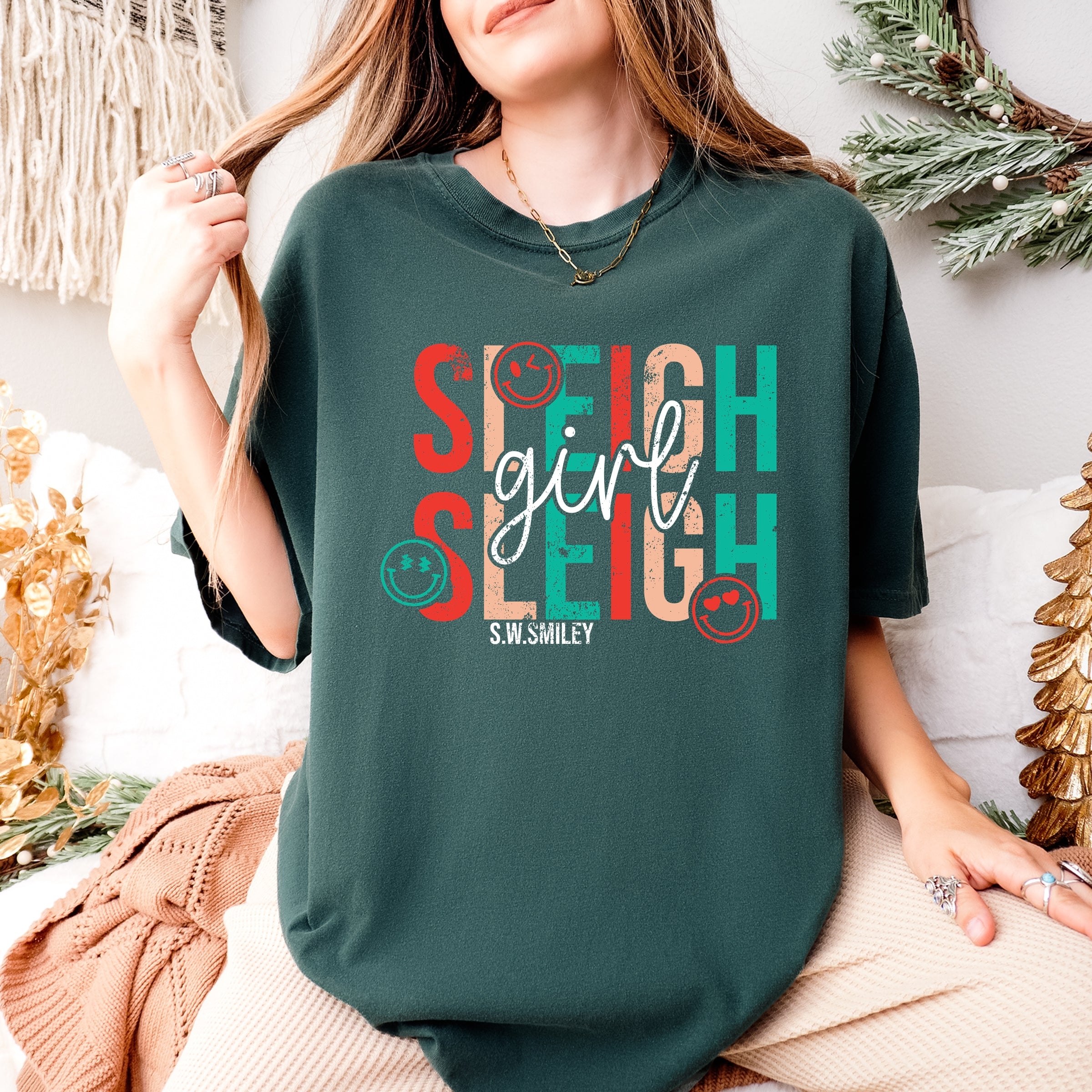 S.W.Smiley Sleigh Girl Sleigh - Womens Garment Dyed Tee