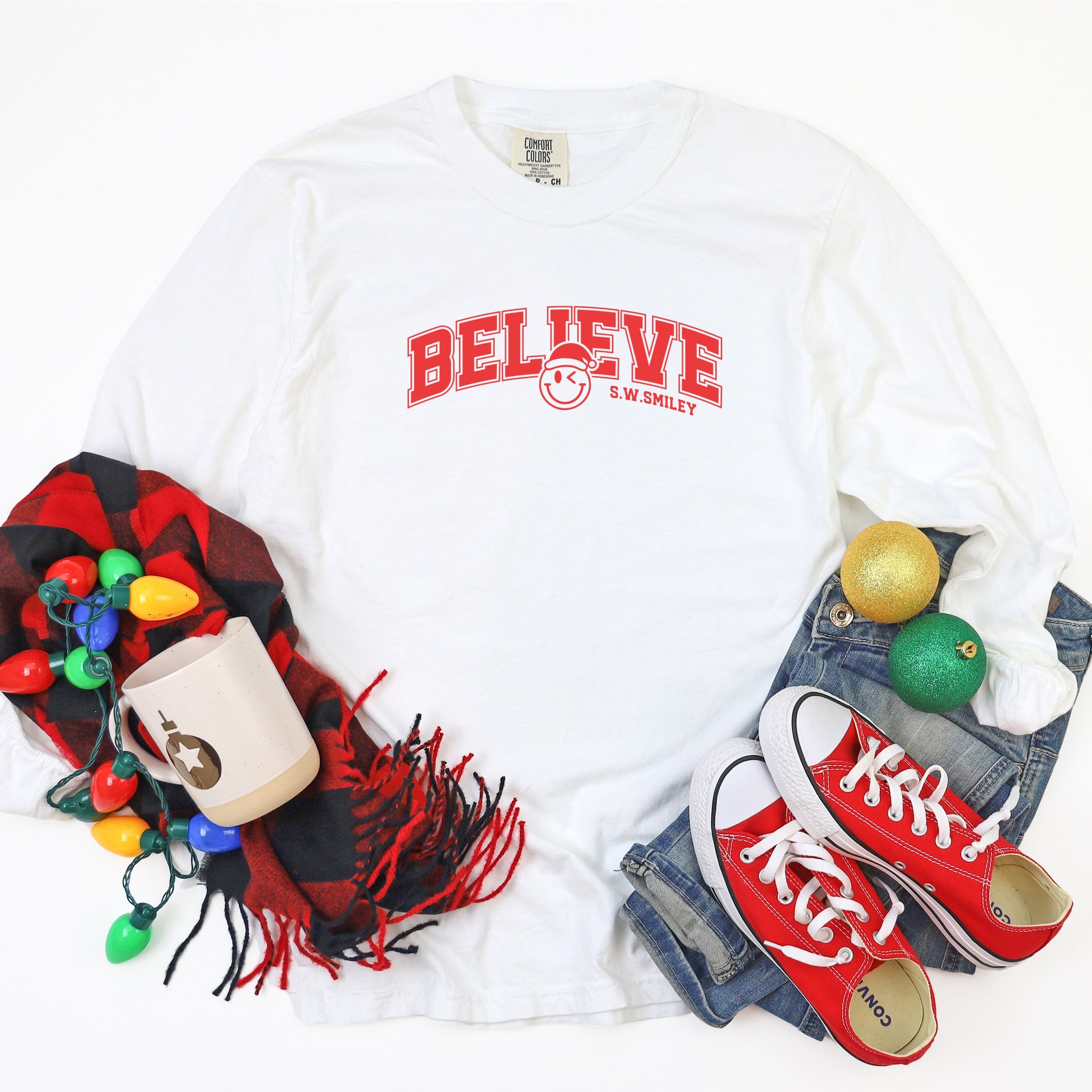 S.W.Smiley Varsity Believe - Womens Garment Dyed Long Sleeve