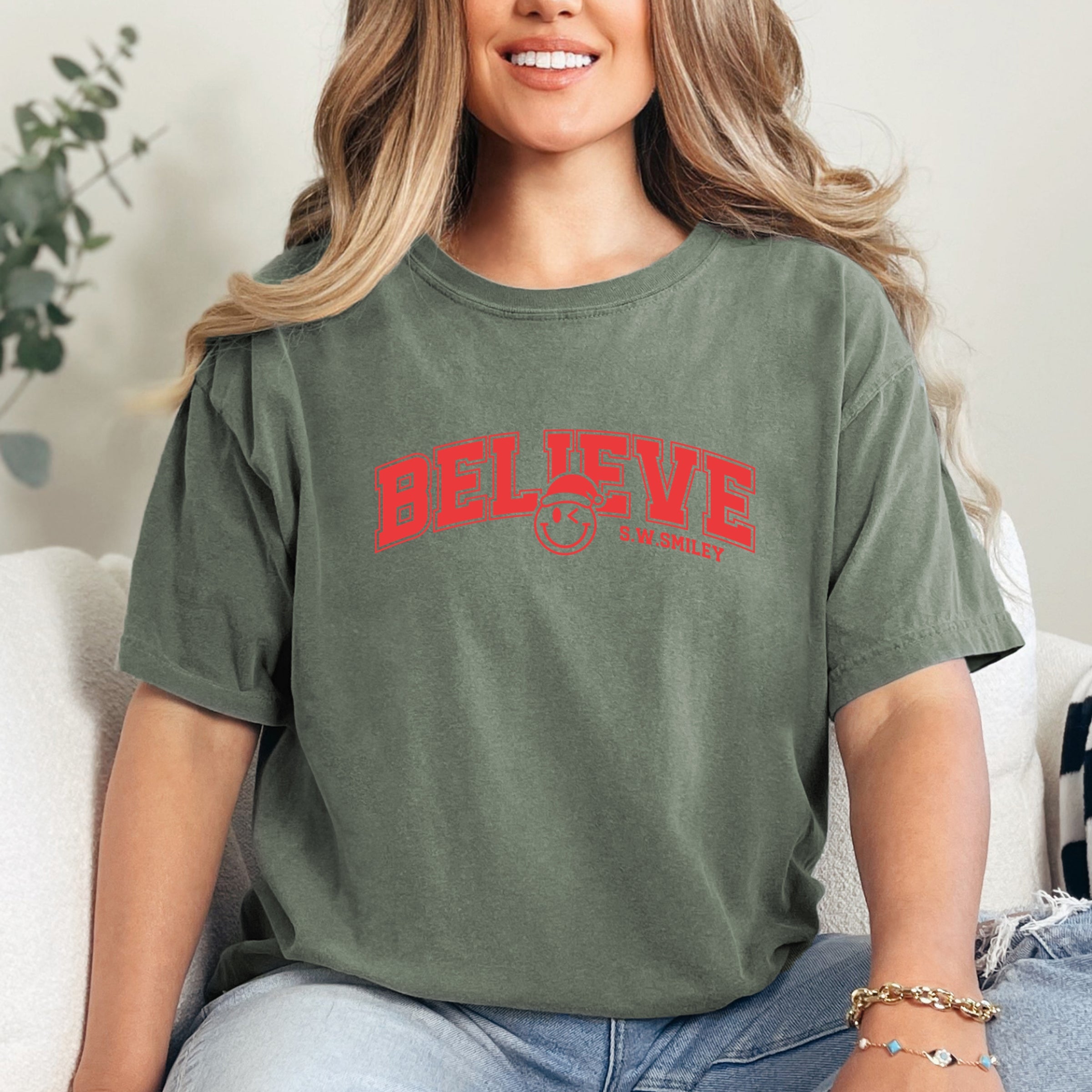 S.W.Smiley Varsity Believe - Womens Garment Dyed Tee
