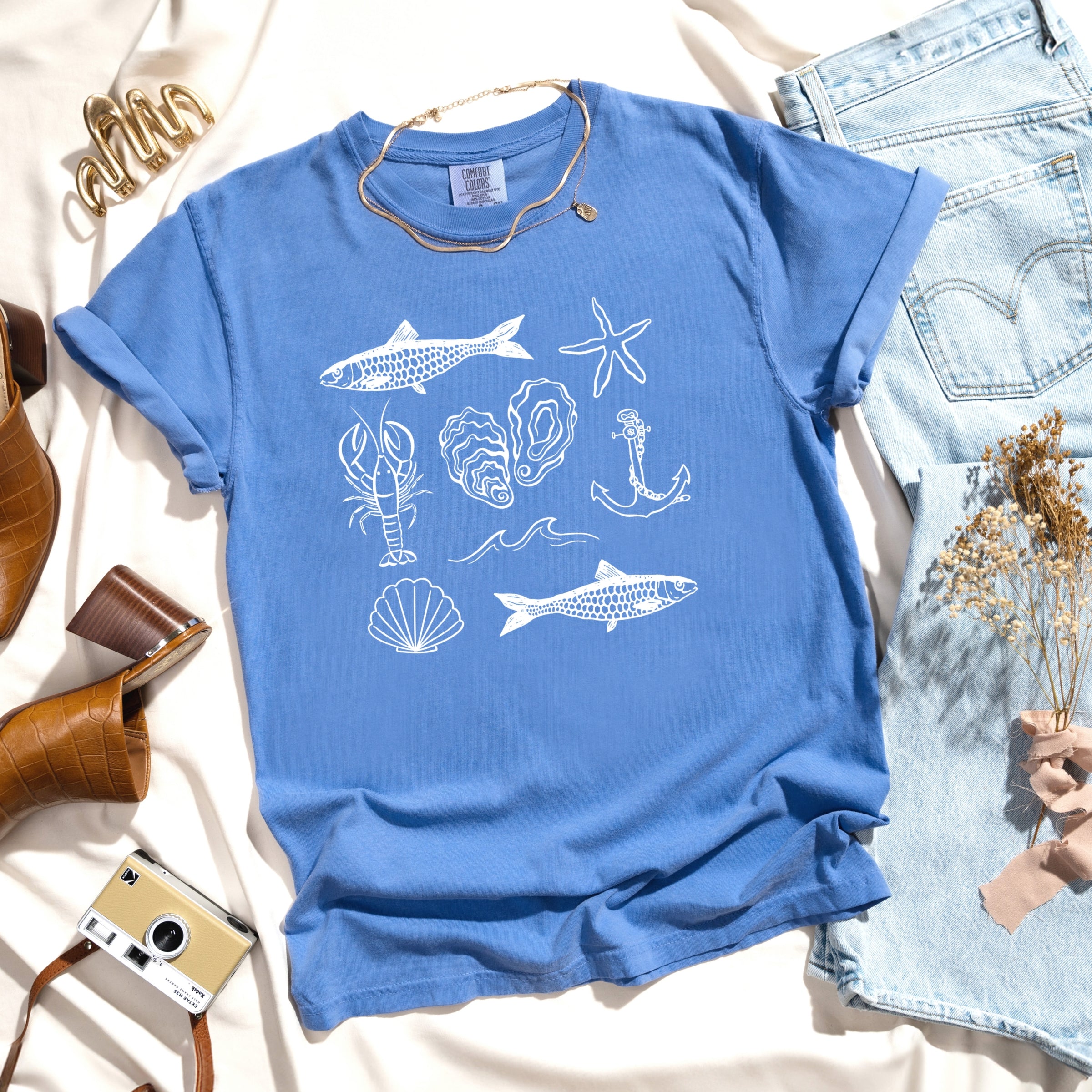 Fisherman Collage - Women's Garment Dyed Graphic T-Shirt