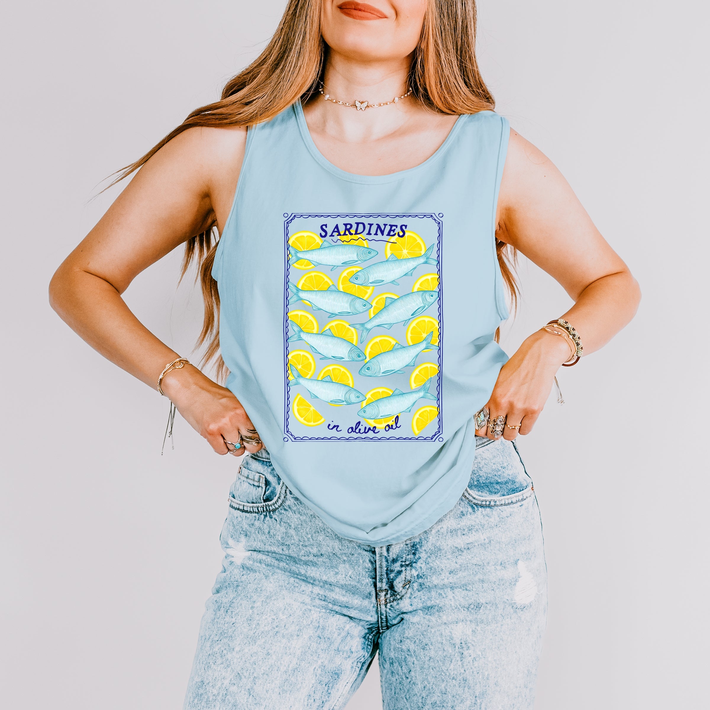 Sardines In Olive Oil - Womens Garment Dyed Graphic Tank Top