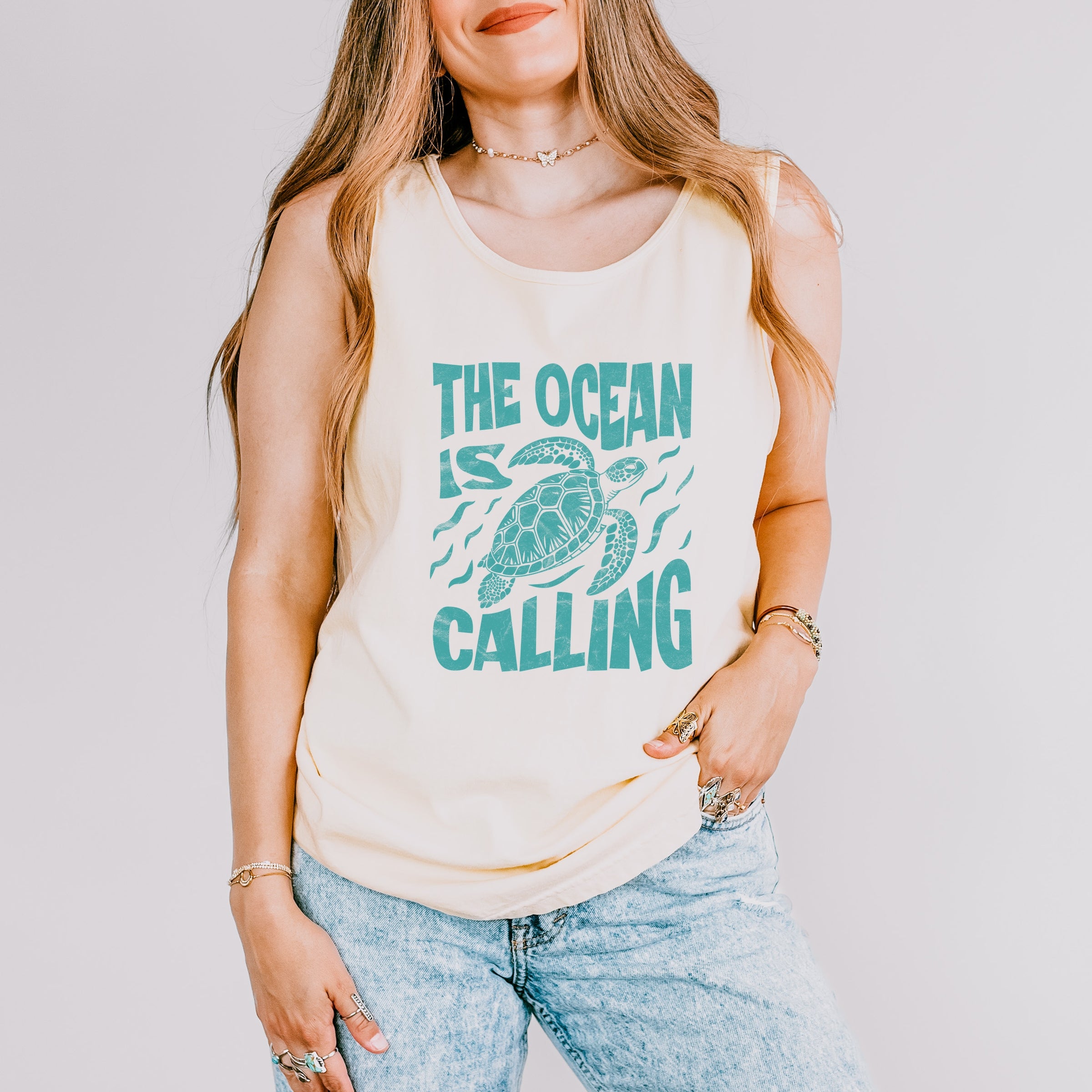 The Ocean Is Calling Turtle - Women's Garment Dyed Graphic Tank Top