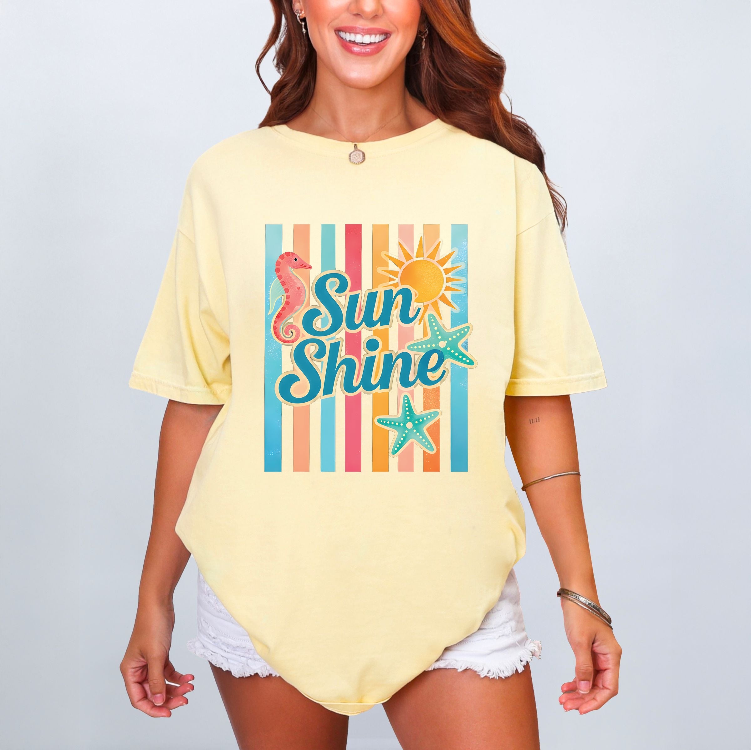 Sunshine Seahorse Stripes - Women's Garment Dyed Graphic T-Shirt